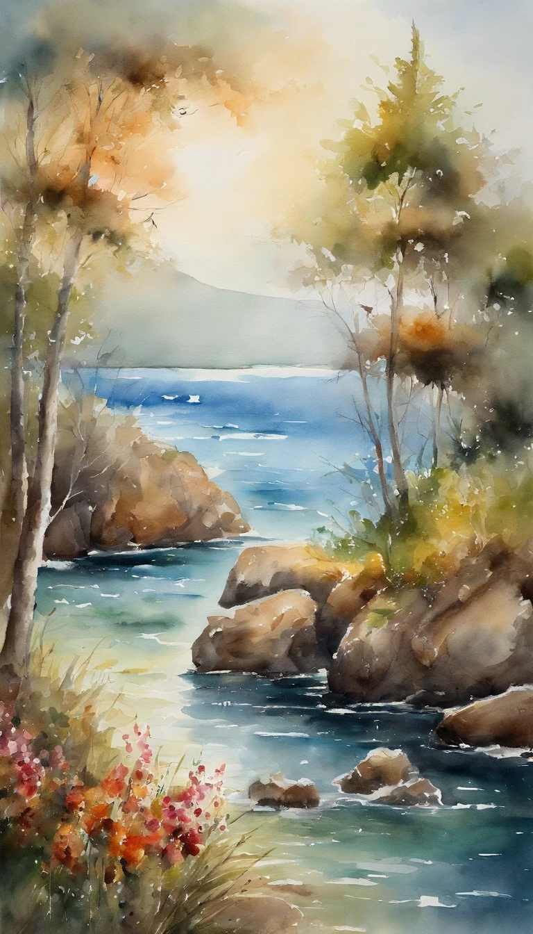 tmasterpiece, top-quality, high detal, Impressionism, Facing the sea,Spring, Cinematic light,