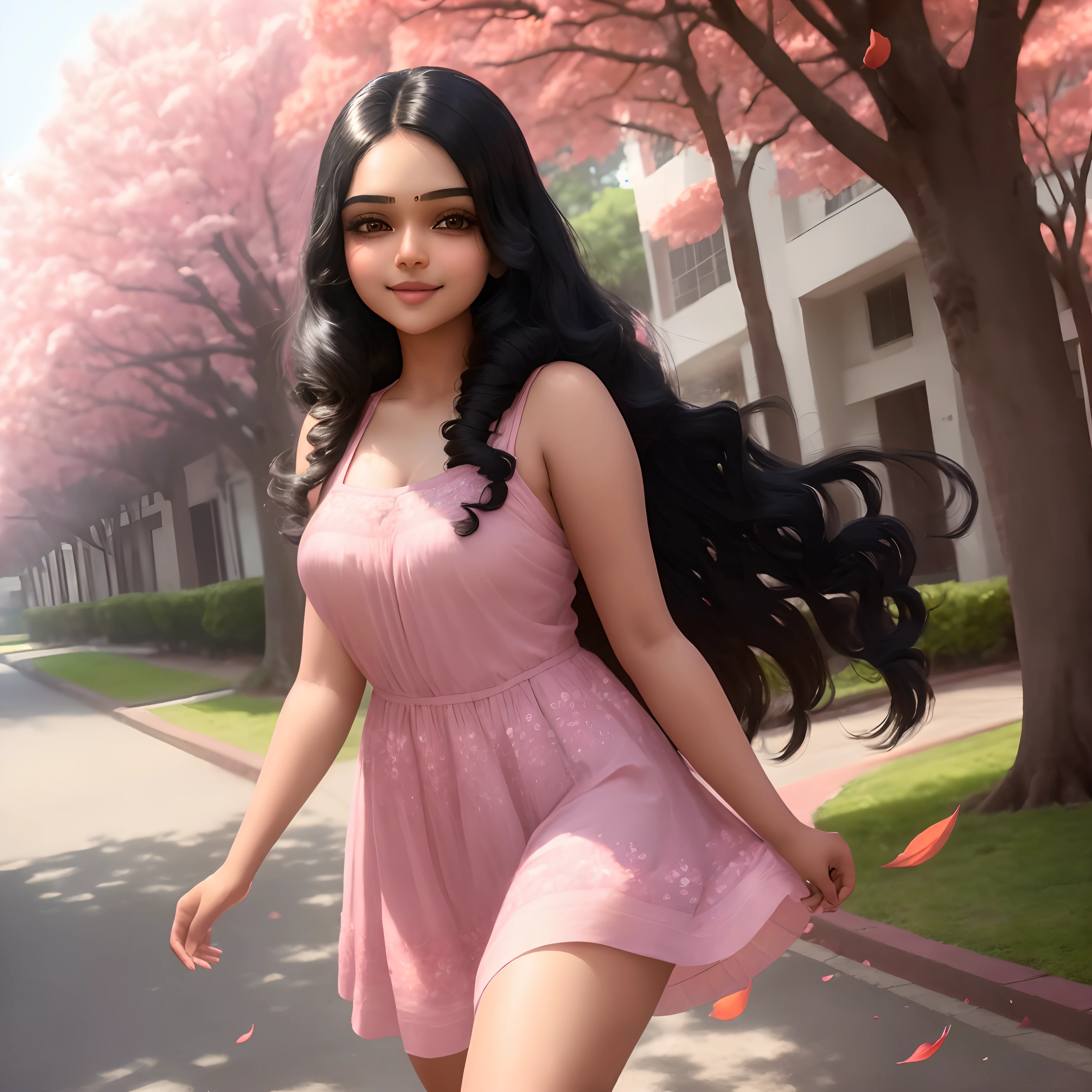Alluring ravishing sexy urban girl Ahaana Krishna, long black hair,cute smile, light pink short dress, huge gulmohar  blossom, walking on tree lined street, going on a date,  flowing short hair, falling flower petals in breeze, sunshine, (stunning beautiful face:1.3), masterpiece, super detailed, epic composition, high quality, highest quality, 4k --v 6