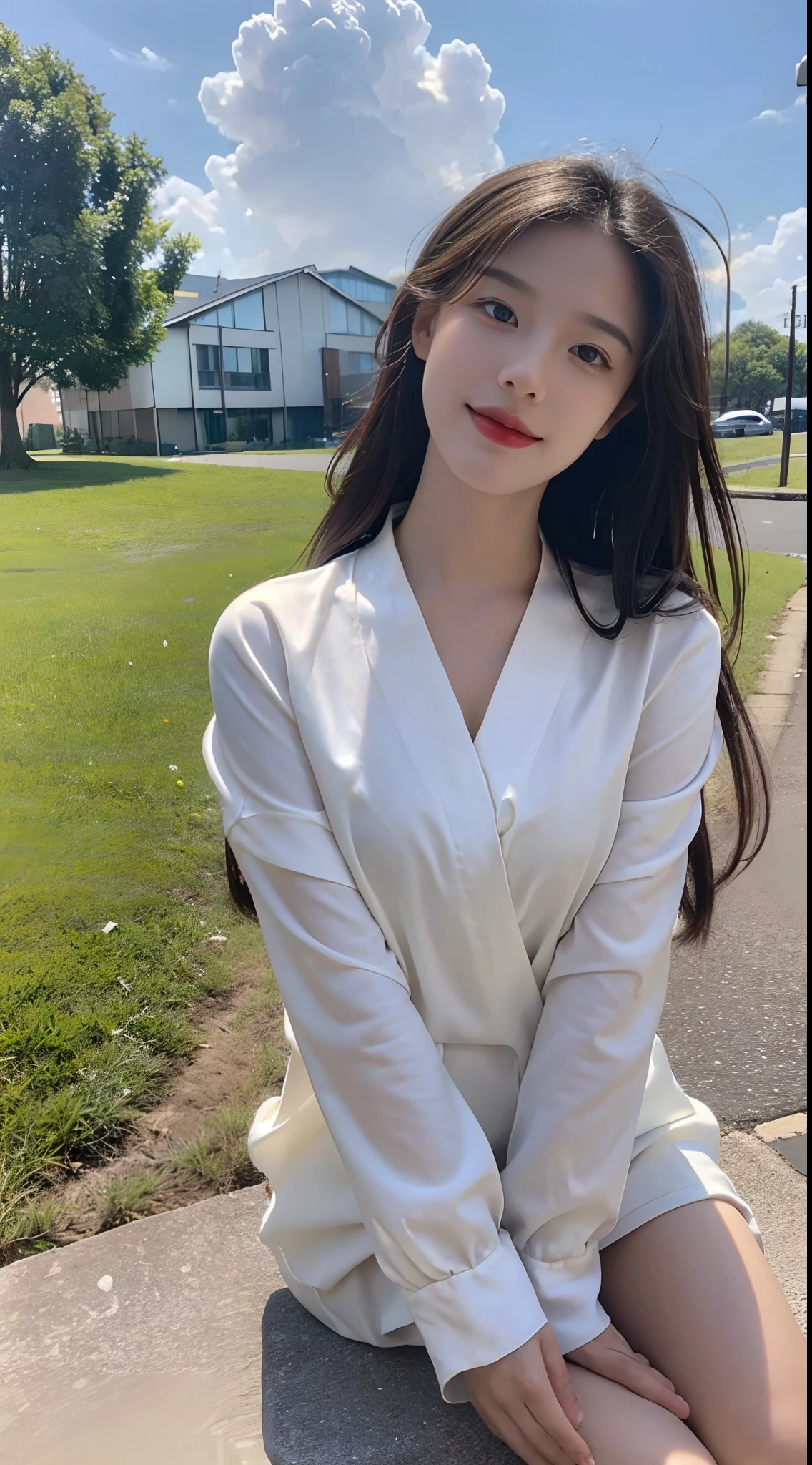 (highest quality、table top、8K、best image quality、Award-winning work)、one university girl, 22 years old, (alone:1.1), perfect beautiful composition, ((Full body:1.3)), (natural big breasts that are about to burst:1.2), (emphasize body line:1.1), slender body, ((perfect and accurate white polyester shirt:1.3)), (black pleated skirt:1.1) look at me and smile, (Beautiful park background with strong blur:1.1), The most natural and perfect beauty park、perfectly maintained park, ((random sexy pose:1.3)), natural makeup, Ultra high definition beauty face, ultra high definition hair, Super high-definition sparkling eyes, (Super high resolution glossy skin:1.1), Super high resolution glossy lips, accurate anatomy, (very bright and vivid:1.1), (dark brown wavy long hair), Ultra High Detail Body, ultra high detail hands