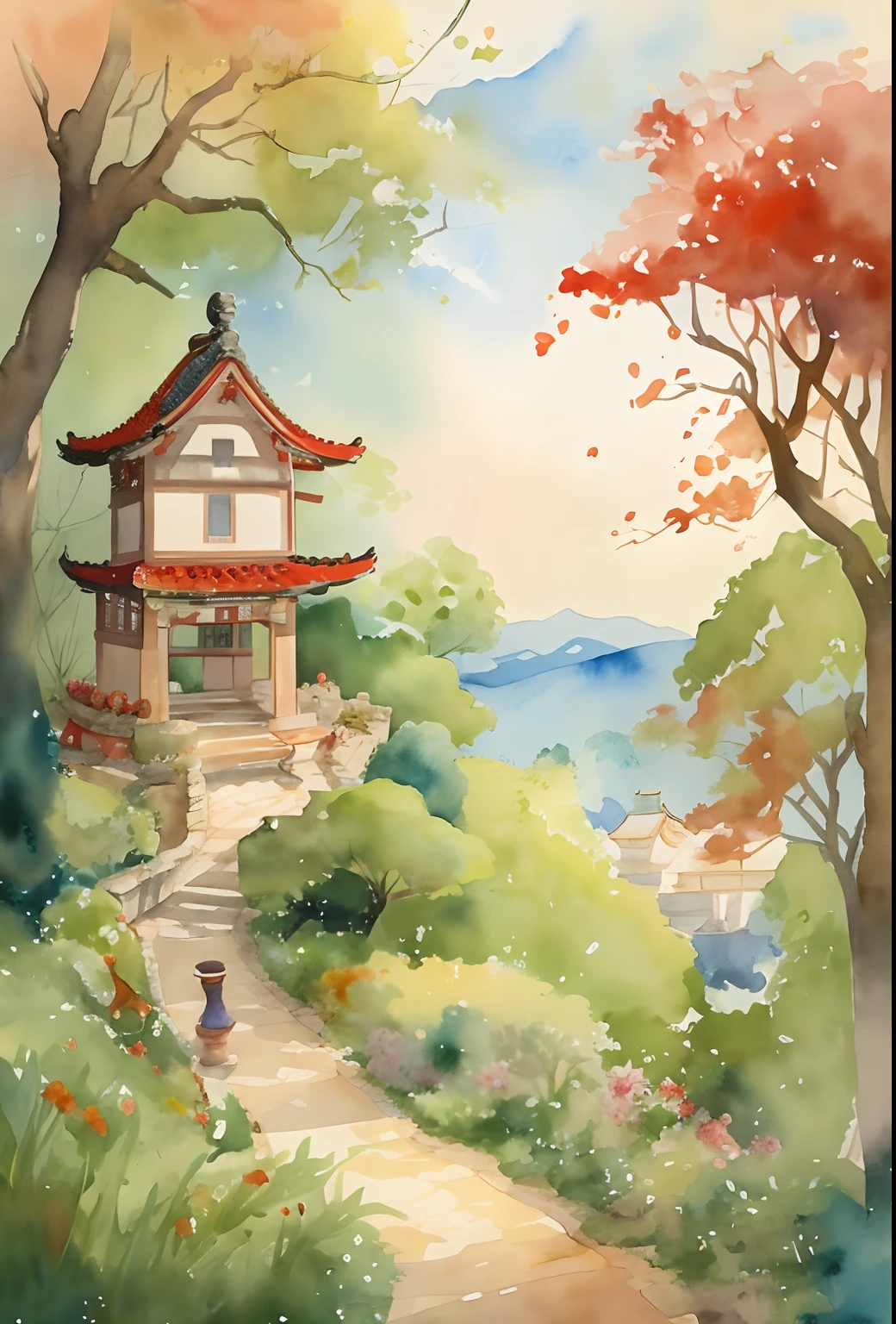 painting of a house in a garden with a pathway leading to it, japan watercolour, watercolor illustration, digital painting of a pagoda, a beautiful artwork illustration, chinese watercolor style, watercolor detailed art, watercolor colored painting, japanese watercolor, japanese style painting, a watercolor painting, watercolor illustration style, traditional chinese watercolor, anime countryside landscape, watercolor landscape, watercolor ink illustration