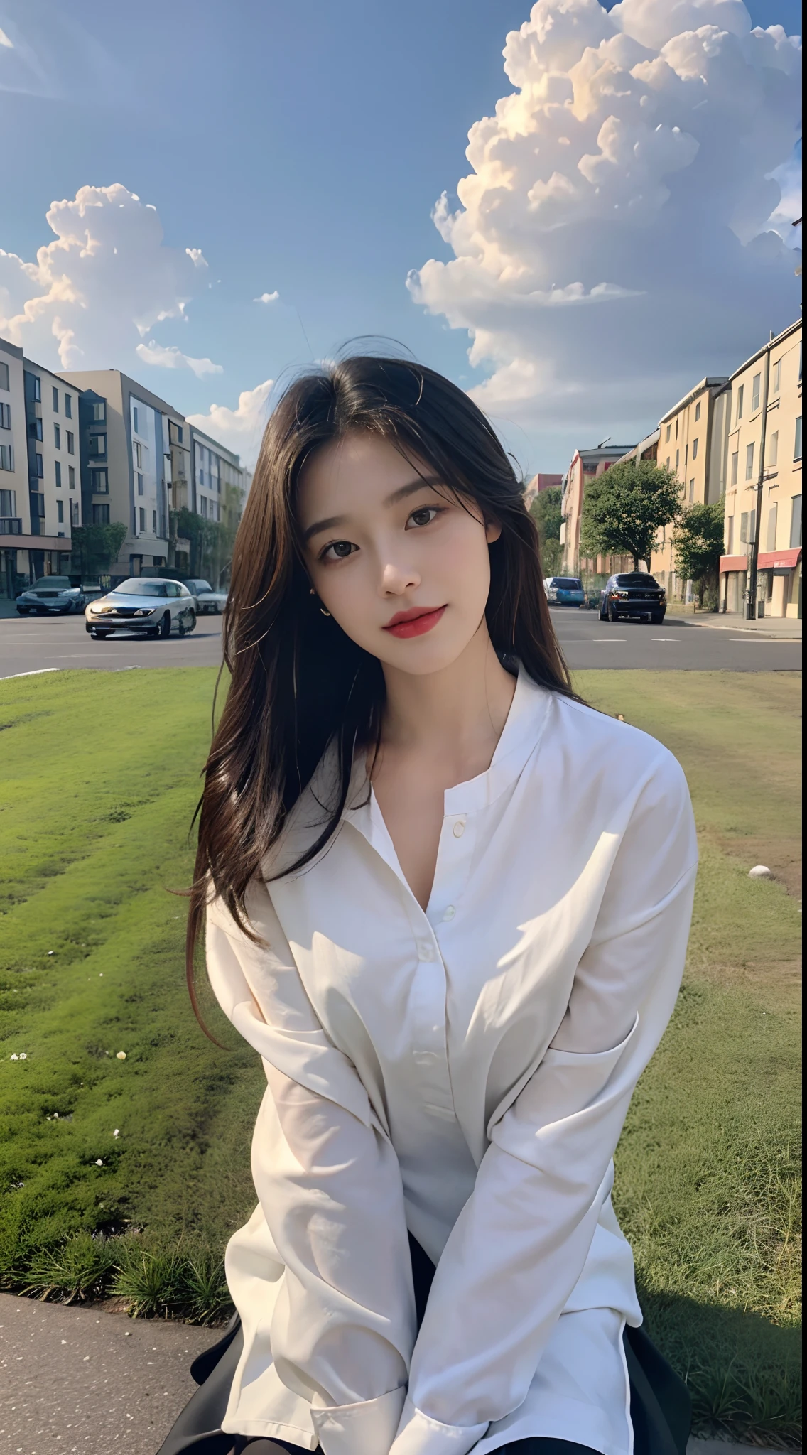 ((Best Quality, 8K, Masterpiece:1.3)), A beautiful girl, pure, melon face, gentle and cute, sweet smile, pure desire, thin figure, (frontal), (tilted head), looking directly at the camera, uniform, obi, formal, black silky long straight hair, long hair flowing over the shoulders, round black big eyes, clear big eyes, moist red lips, sweet, sitting on the side of the road, blue sky and white clouds, grass, buildings,