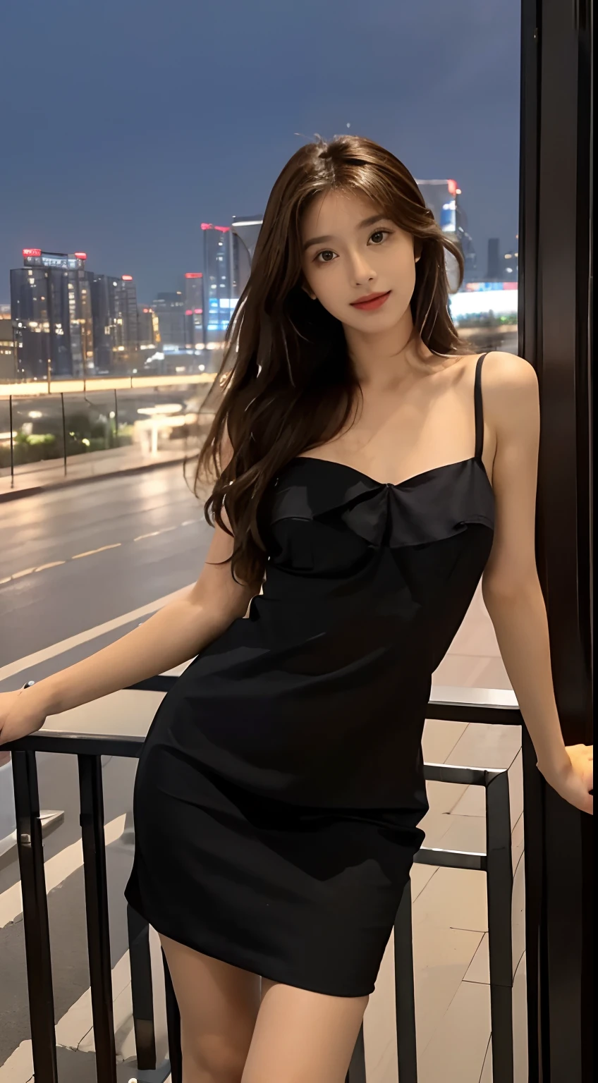 ((Best picture quality, 8K, tmasterpiece: 1.3)), self-shot, Sharp focus: 1.2, A cute beauty with a perfect figure: 1.4, Slim big breasts, ((Brown hair black)) , (Small flesh-colored dress,Highly detailed face,Happy expression,standing on your feet:1.2),((Night view of the rainy city,balcony simple:1.3. Produced with a major focus on women)),Highly detailed facial and skin texture,Detailed eyes,二重まぶた