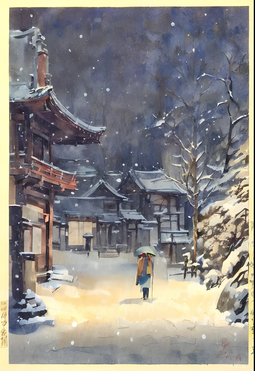 Tsuchiya Koitsu: Snow at Nezu Shrine (Woman in Snow), 8k resolution, photorealistic, there is a painting of a woman walking in the snow, inspired by Kawase Hasui, inspired by Hasui Kawase, hasui kwase, ukiyo - e, ukiyo-e, old japanese art, inspired by Tōshi Yoshida, by Torii Kiyomitsu, by Kawase Hasui, ukiyo - e art