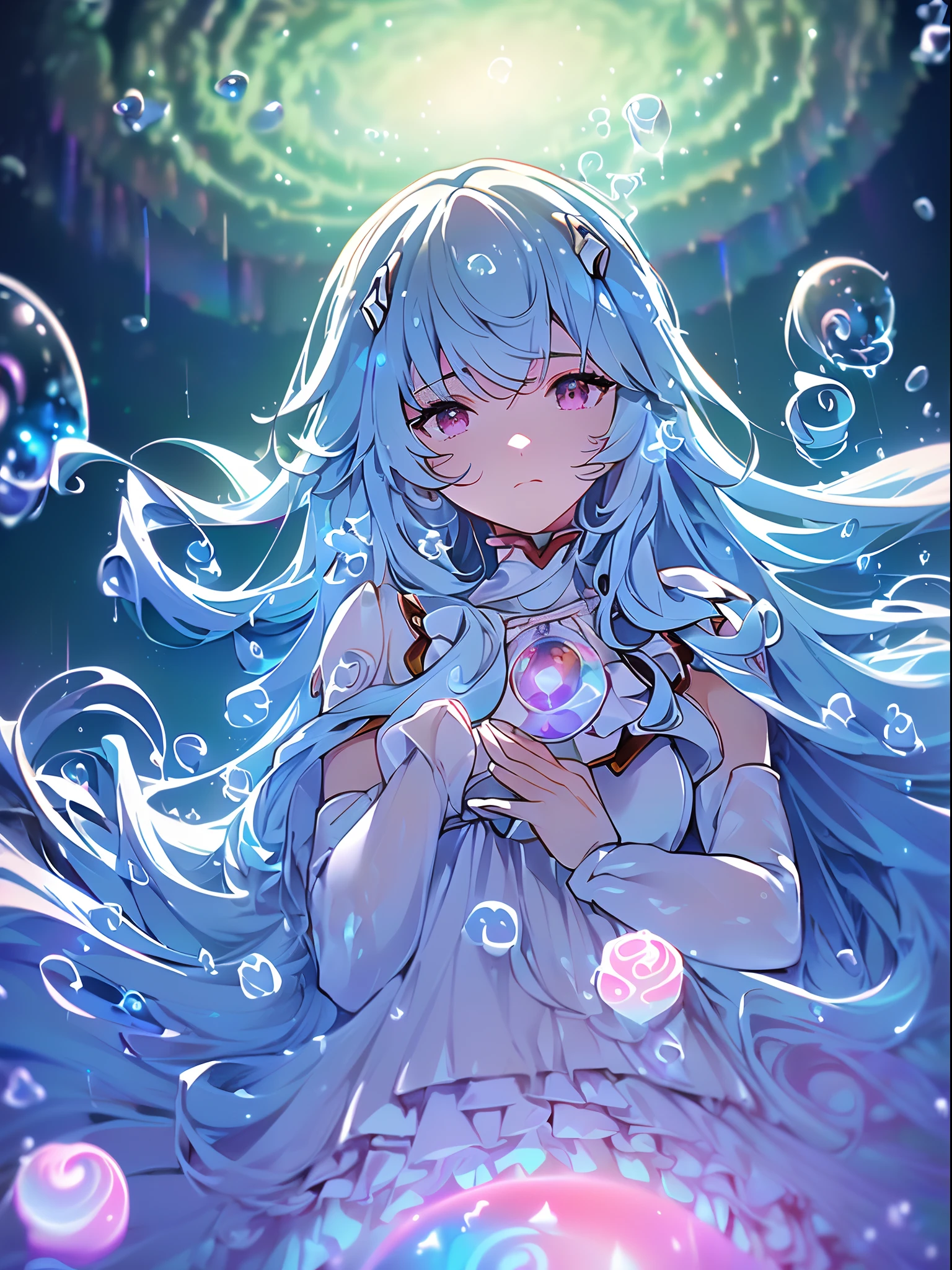 (((ayanami rei))),((((BREAK,Design an image with a fisheye lens effect, capturing a wide field of view with a distinctive, curved perspective.BREAK,)))((1girl:1.1,solo,))(masterpiece,best quality, official art,aim to viewers, beautiful and aesthetic:1.3),((ultra high res,golden ratio,)) (4k),((seen from above,dawn,rainbow bridge,in the ocean,raindrops, dreamland,beautiful sky,detailed aurora)),((((spiral bubbles,))))dynamic lighting, cinematic lighting,(fantasy,blur image,((psychedelic)),((dreamy)),photo mapping,((holographic projection,))radiosity, physically-based rendering,automatic white balance), technological sense,Amazing,sharp focus,detailed background,rich background, (((high detailed skin,)))dynamic lighting,intricate detailed outfit,glowing eyes,watery eyes,((long hair,))deadpan,skiny,slender,smooth beast,white ta dress,headgear,(masterpiece sidelighting),(bishoujo,lustrous),(sky blue hair,pink eyes,）[[delicate fingers and hands:0.55]::0.85],(detail fingers),(((Ultra Photographic Quality,ultra wide angles)))),((incredibly absurdres,photoreality)),(realilty:0.4),microshot,((extremely_detailed_eyes_and_face)),(disheveled hair),FilmGirl,(dynamic configuration: 1.2),Brilliant,drifting Nebula,ethereal, glossy ,striking contrast,