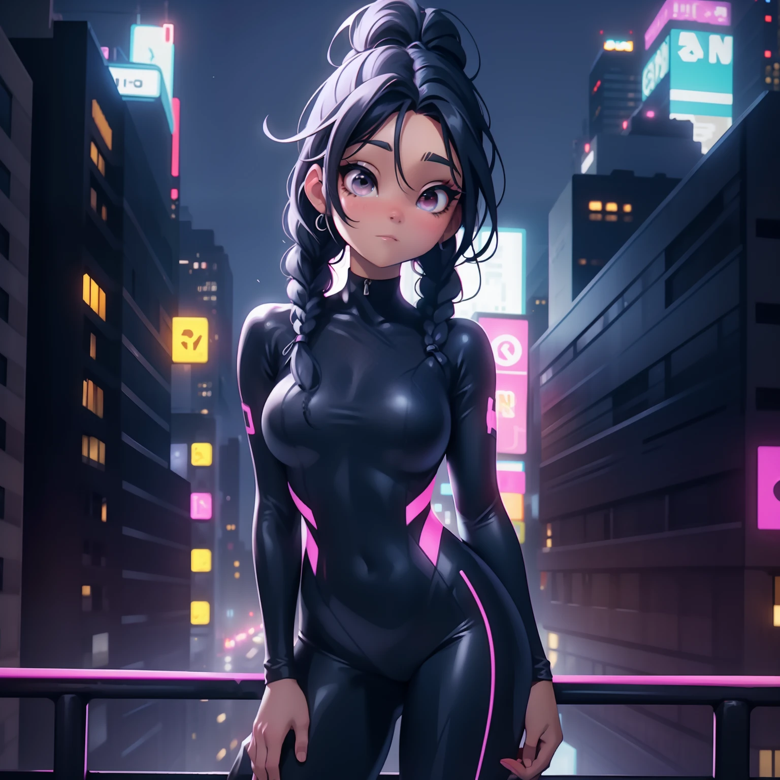 A girl, braided black hair, a neon tightsuit, city background