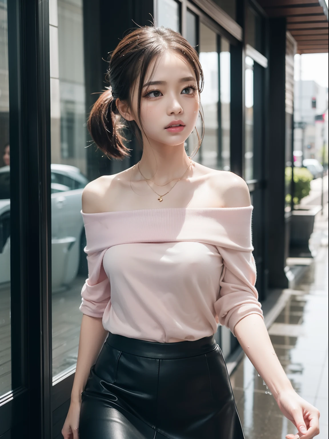 in 8K、top-quality、​masterpiece、ultra-detailliert、Ultra-high resolution、1 girl in、Medium chest、with round face、dark brown hair、Hair luster、Tear bag、二重まぶた、long eyelashes、drooing eyes、makeup、Pink lips、poneyTail、red blush、off shoulder shirt、skirt by the、Inside the city、evening shower、Running in the rain、whole body soaked、water dripping