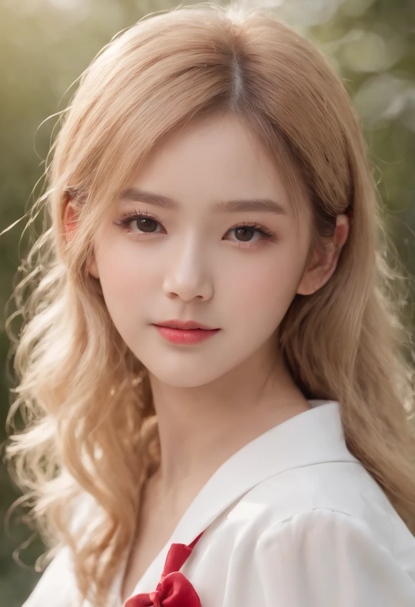 (8K、Raw photography、top-quality、​masterpiece:1.2)，(realisitic、Photorealsitic:1.37)，ultra-detailliert， high resolution，see the beholder，beautifull detailed face，A smile，Constriction，(Slim waist) :1.3)，Beautiful detailed skin、Skin Texture、Floating hair，Professional Lighting，upper body，Longhaire，a blond，japanese hight school uniform，hi-school girl，japanese hight school uniform，hi-school girla ，sailor suit，Bob Hair