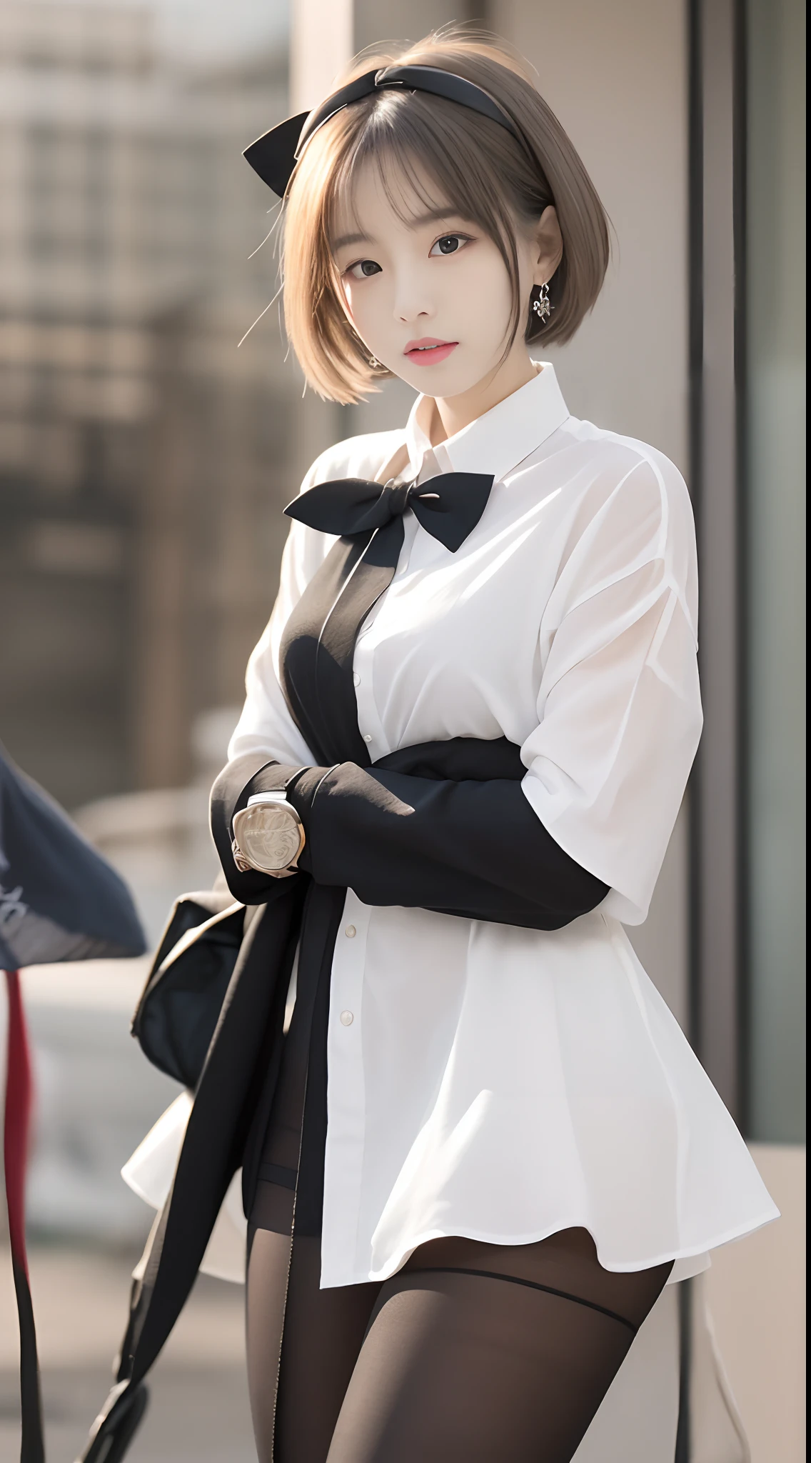 true to life，Photorealistic 1.5,((best qualtiy, 8K, tmasterpiece:1.3)),SLR camera (二重まぶた，largeeyes:1.3),（Korean female model 1.5），（Full body photo 1.5）（Female star 1.5）Clear focus 1.2, Perfect body beauty:1.4 , Delicate skin1.1，（short white hair 1.6），（Fashion watch 1.4），（Pure desire 1.3）(Black pantyhose 1.5)（Leg length 1.2 m 1.5），Slender legs，Bow knot，White shirt，pleatedskirt，With earrings，bangle，Winters，Computer classroom