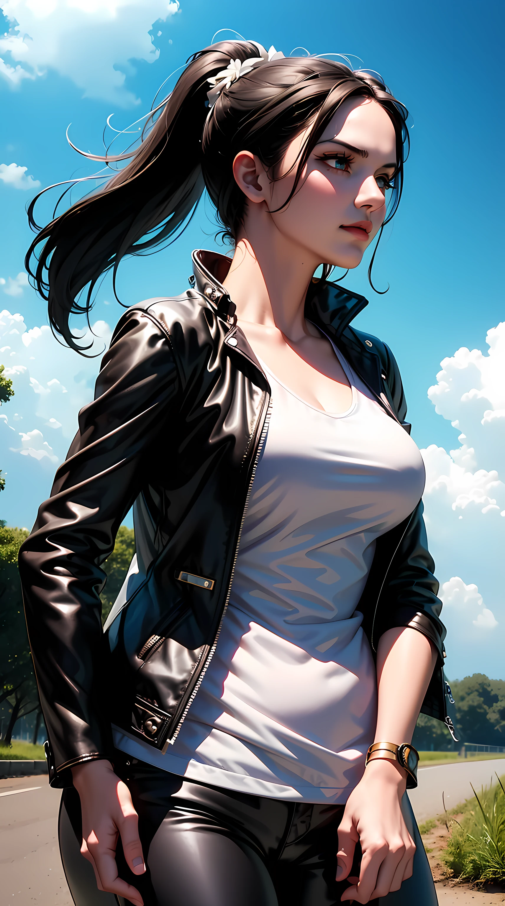 NicoRobinV3, nico robin from the anime one piece, long hair, black hair, bangs, ponytail, wearing peirsing, beautiful, beautiful woman, perfect body, perfect breasts, wearing a white t-shirt, black leather jacket long black pants, cilak, jewelry, on the road, roadside, at night, night, looking at the viewer, a slight smile, realism, masterpiece, textured skin, super detail, high detail, high quality, best quality, 1080p, 16k