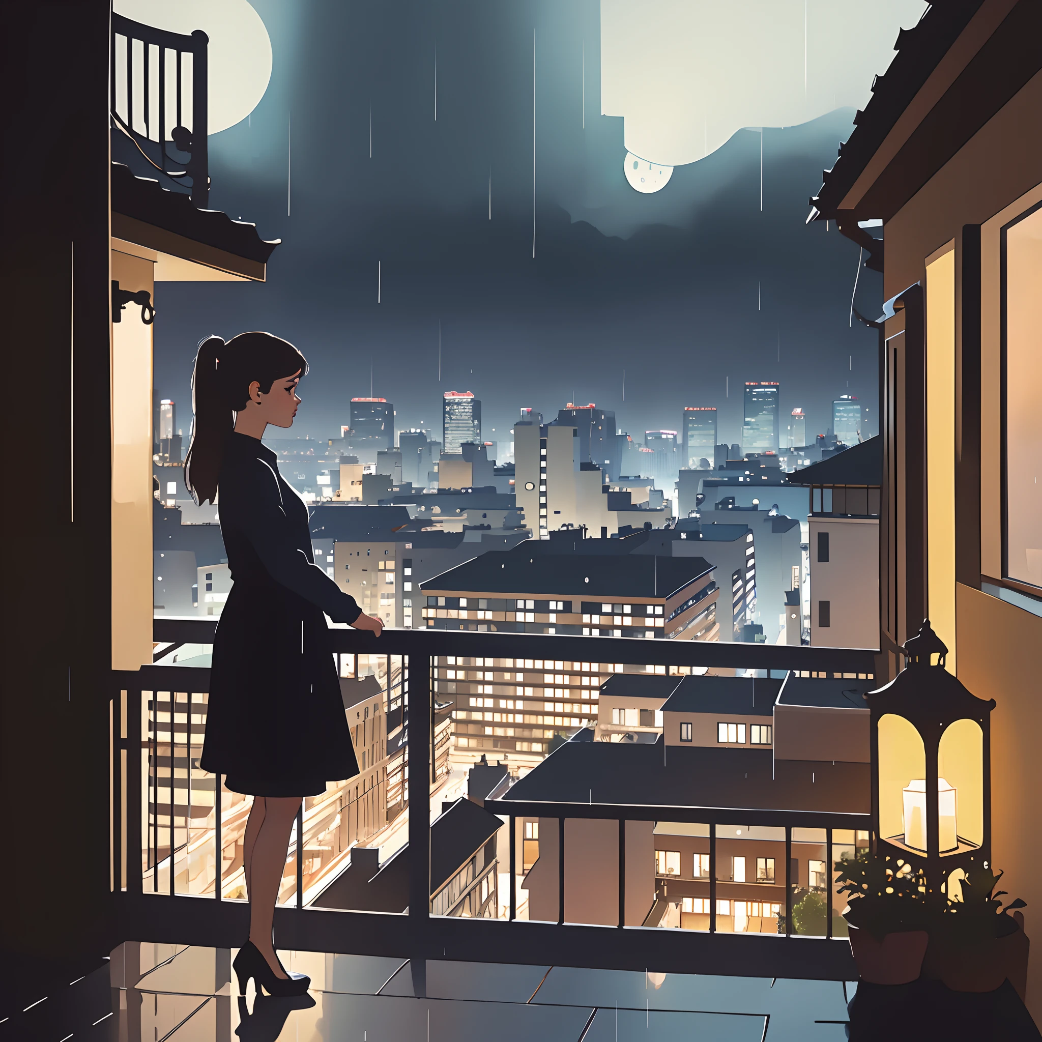 profile view of a relieved girl on a balcony, raining, view of the city, night time, panoramic view, sharp jawline, beautiful rain clouds