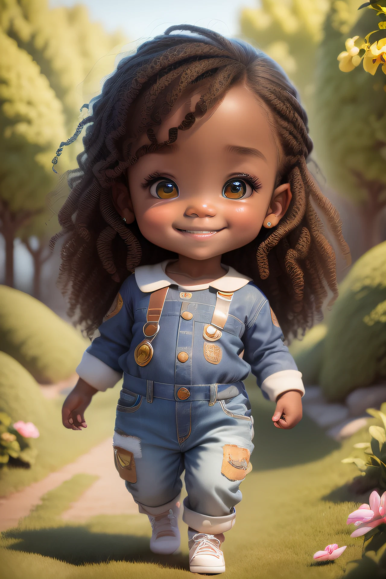 chibi 1  African baby  brown skin:5, cute smile, walking in the field ((full body))) "((with coffee))" realistic shadows, sparkling eyes, detailed skin, slightly sparkling light green eyes, pose for photo, long curly brown hair, flowers in hair, rapunzel style, very detailed, highly detailed 8k face, perfect face shape, perfect full lips, perfect nose, beautiful and correct eyes, observant, wedding dress: 3.45 , hair flowers, masterpiece, best quality, single, jeans, alone, advanced chibi