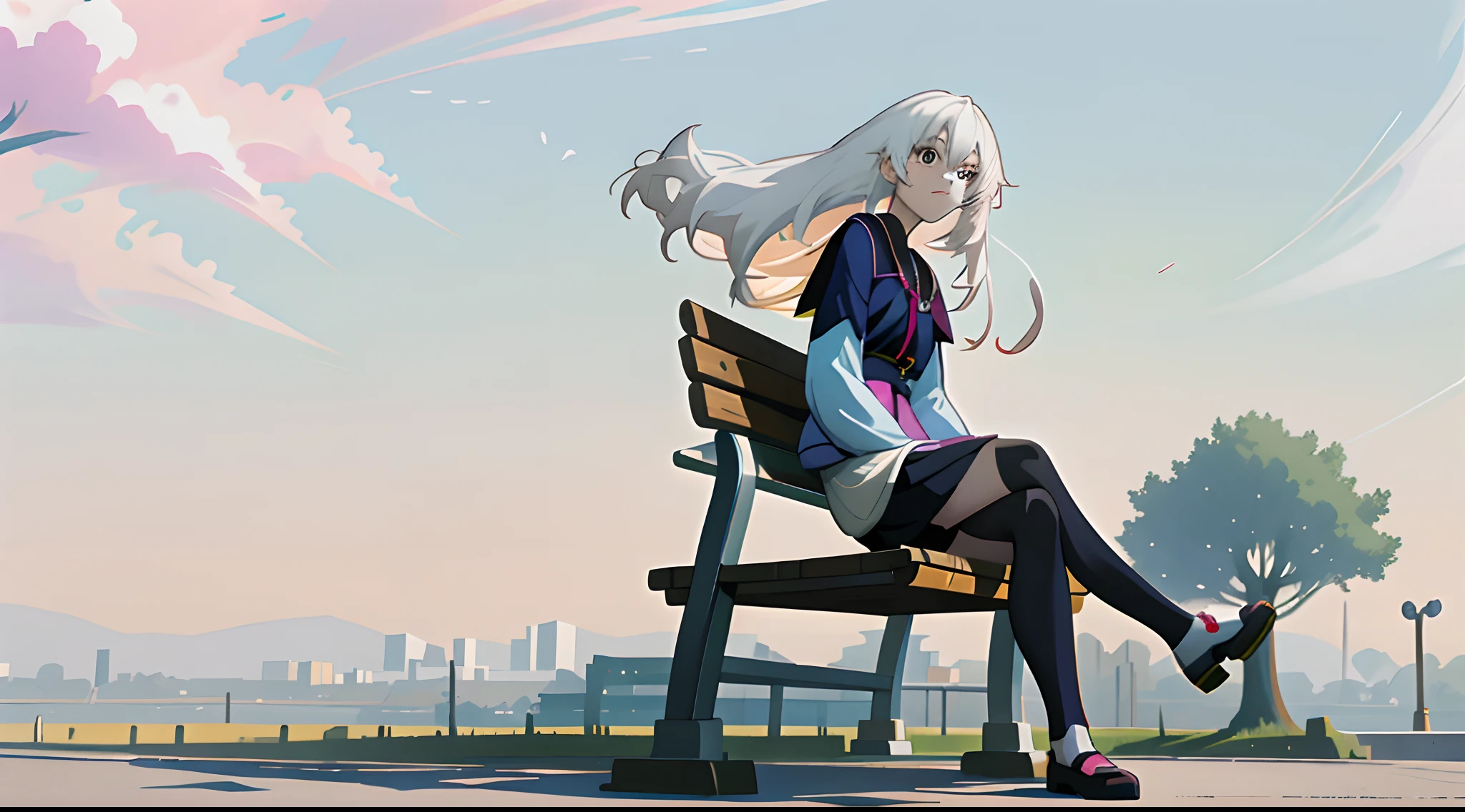 Anime girl sitting on bench，Legs crossed, Best anime 4k konachan wallpaper, style of anime4 K, Girl with white hair, Anime art wallpaper 8 K, Guweiz in Pixiv ArtStation, Anime art wallpaper 4 K, Anime art wallpaper 4k, Guweiz on ArtStation Pixiv, white haired Cangcang, White-haired god