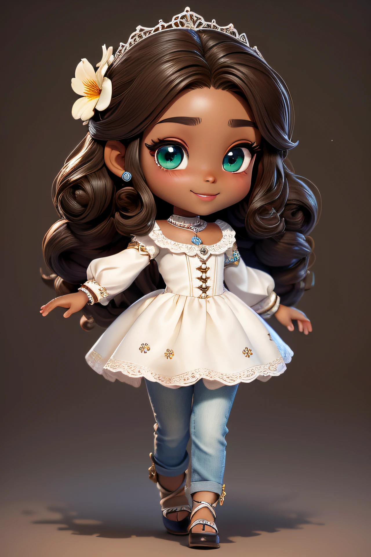 chibi 1 small African baby boy dark brown skin:5, cute smile, walking in the field ((full body))) "((with coffee))" realistic shadows, sparkling eyes, detailed skin, slightly sparkling light green eyes, pose for photo, long curly brown hair, flowers in hair, rapunzel style, very detailed, highly detailed 8k face, perfect face shape, perfect full lips, perfect nose, beautiful and correct eyes, observant, wedding dress: 3.45 , hair flowers, masterpiece, best quality, single, jeans, alone, advanced chibi
