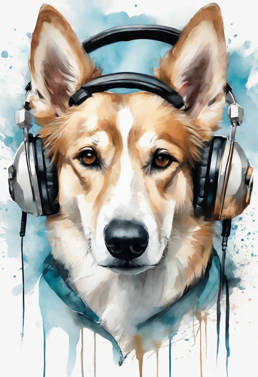 Perfect centering, Cute dog, Wear a student team jacket, Wearing sunglasses, Wearing headphones, cheerfulness, Standing position, Abstract beauty, Centered, Looking at the camera, Facing the camera, nearing perfection, Dynamic, Highly detailed, smooth, Sharp focus, 8K, high definition resolution, illustration, Art by Carne Griffiths and Wadim Kashin, White background