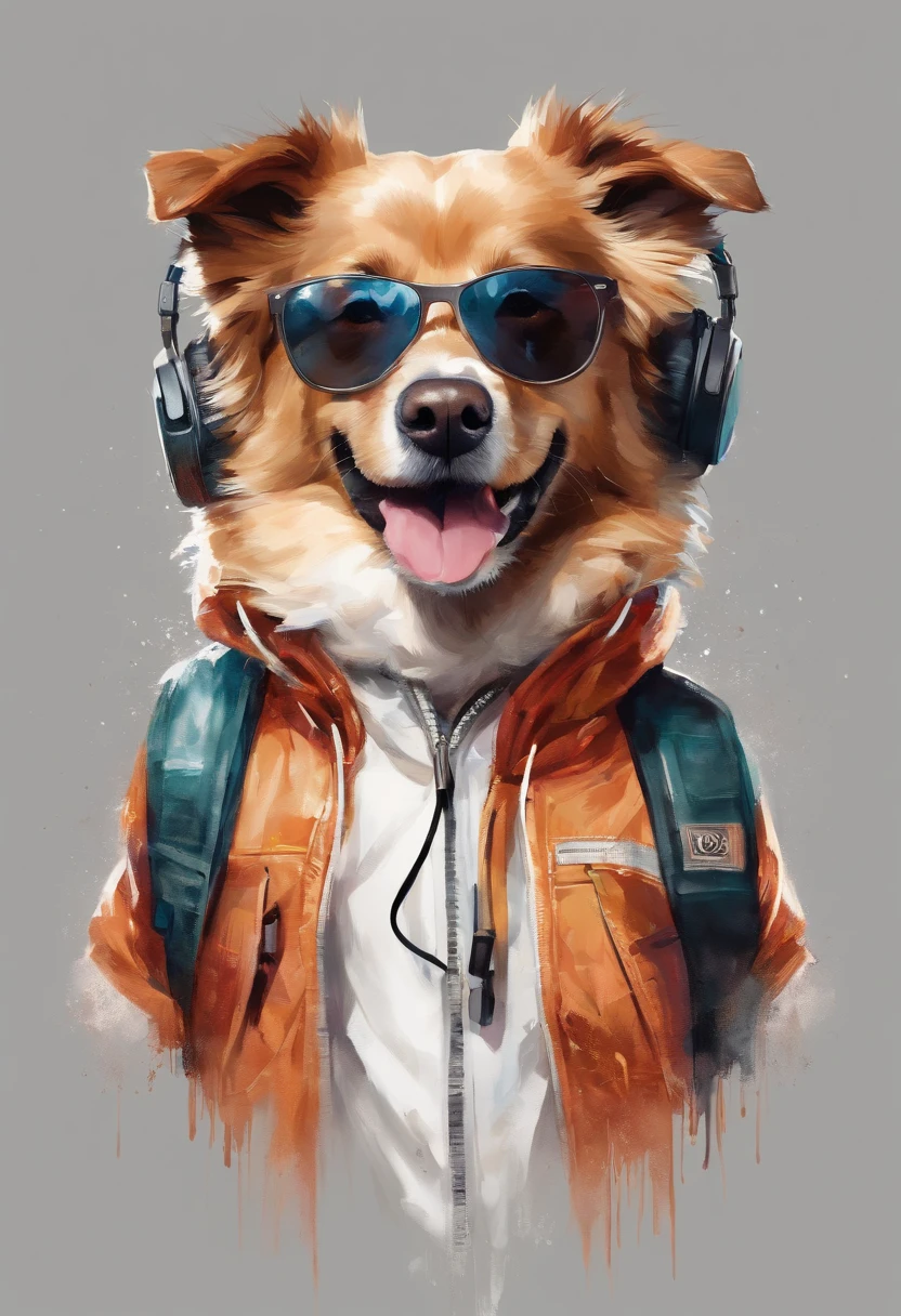 Perfect centering, Cute dog, Wear a student team jacket, Wearing sunglasses, Wearing headphones, cheerfulness, Standing position, Abstract beauty, Centered, Looking at the camera, Facing the camera, nearing perfection, Dynamic, Highly detailed, smooth, Sharp focus, 8K, high definition resolution, illustration, Art by Carne Griffiths and Wadim Kashin, White background