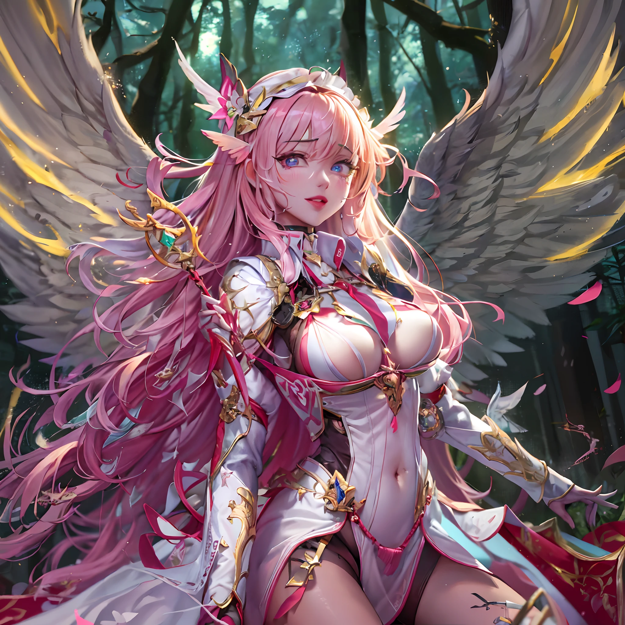Quality over 8K, a female angel,Sexy,Long Blonde Hair,Anime,Goddess,Symmetrical blue eyes,Ultra detailed eyes,Transparent lingerie,forest,Sword,golden wings,Full body,hyperdetailed lips, hyperdetailed face, Double eyelids, Ultra Detailed feet,で,Beautiful legs,Tight boots,Full Leg Priestess、valkyrie、Angel wings、a navel、sideboob barbosa、with an intricate、Particles of light、thighs thighs thighs thighs、shinny skin、Perfect litthing、1girl in、looking at the viewers、Winged headgear、pelvis curtain、A smile、(masterpiece)、(top-quality)、Very gigantic-breasts、maternal、Porcelain Skin、honey blonde hair、Very long hair、hair wavy(valkyrie,Paladin:0.6),Angel wings,with an intricate, Perfect Lighting, Looking at Viewer,(masutepiece), (Best Quality)(valkyrie,Paladin:0.6),Angel wings,with an intricate, Perfect Lighting, Looking at Viewer,(masutepiece), (Best Quality)(ValkyrieArmor:0.5),(Winged headgear:1.1),School Girl,,with an intricate, Perfect Lighting, 1girl in, Ponytail, Looking at Viewer, Smile, snulight,creek,blazing(masutepiece), (Best Quality),thighs thighs thighs thighs 、a beauty girl,red color mecha,As graceful as a swan,Enchanting,Long grey hair,Red body,Fluorescence line,White hands,lab room,FutureTech,Red indicator light on the body,Full body photo,standing on your feet,dreamy scene,,dyna,super detailing,Cell shade,8K detail post-processing,magnifica,hyperphotorealism,8K,epic composition,intricate-detail,unrealengine,Flying,Laser Cannon,Holy Angel Mecha,Mechanical exoskeleton,whaite hair,golden pupils,flower sea,Eventide,Angel Maiden,Angel wings,White long skirt,war,Top quality combat stance, 4K, masutepiece :1.3), short petite pretty woman, Blue-haired、Curly hair、length hair、Colossal tits、 Ultra-detailed face、maid clothes、Detailed eyes, sluttish, Pose Seductive, Smooth skin, (huge-breasted), Round breasts、red blush。kawaii、Shy、1 Crying face、nightcity、Sateen、Kimono without sleeves、A dark-haired、Holding a weapon with blood on it、Looking at the camera、Cherry blossoms are d