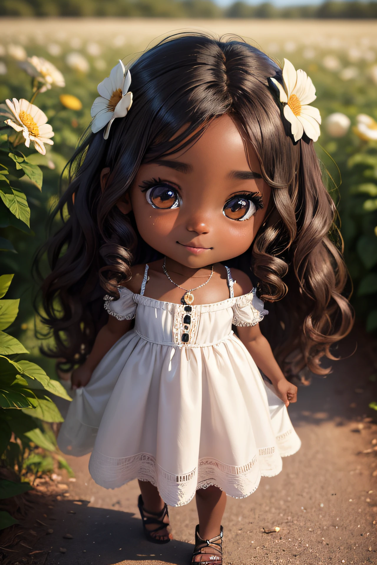 chibi 1 small African baby boy dark brown skin:5, cute smile, walking in the field ((full body))) "((with coffee))" realistic shadows, sparkling eyes, detailed skin, slightly sparkling light green eyes, pose for photo, long curly brown hair, flowers in hair, rapunzel style, very detailed, highly detailed 8k face, perfect face shape, perfect full lips, perfect nose, beautiful and correct eyes, observant, wedding dress: 3.45 , hair flowers, masterpiece, best quality, single, jeans, alone, advanced chibi