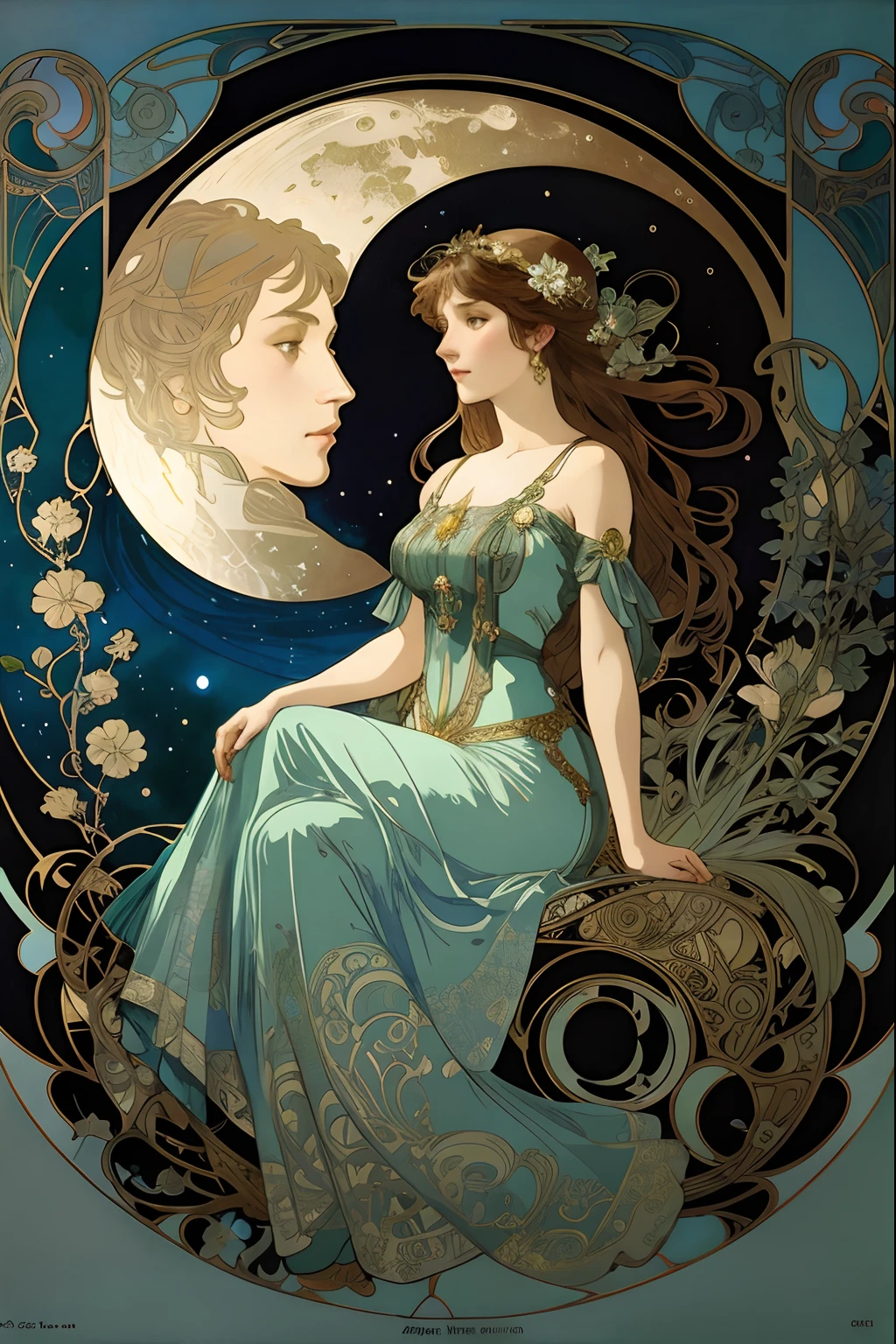 moon art nouveau style with a stroke by Alfons Mucha, there is a woman sitting on a moon with a man in the background, mucha style 4k, alphonse mucha style, anime art nouveau, beauty art nouveau woman, in style of alphonse mucha, art alphonse mucha and loish, art nouveau portrait, flat shading mucha, alsphonse mucha, art nouveau illustration, raphaelite and alphonse mucha