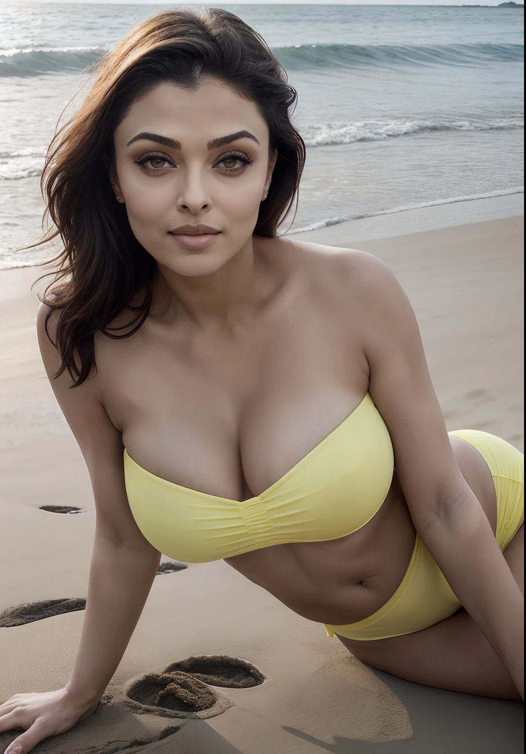 Day scene, athletic milf body of aishwarya rai, posing in beach, medium breasts, wearing bright yellow strapless micro bikini, thigh high boots, breasts popping out, catwalk on the beach, massive cleavage show, nipple visible, seductive face, look at a camera and smile, tied up high ponytail hair, erotic adult face, 42 yo, soft volumetric lights, intricate details, (ArtStation:1.2)