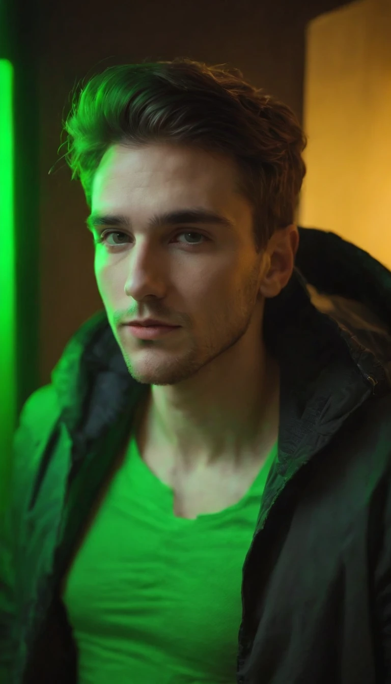 a photo of a man with green lighting to create the effect for my photo, in the style of neon realism, jagged edges, delicate chromatics, young british artists (ybas), uhd image, caravaggesque, shiny eyes