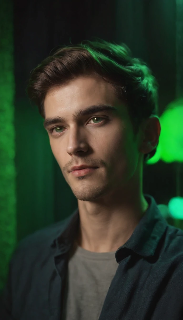 a photo of a man with green lighting to create the effect for my photo, in the style of neon realism, jagged edges, delicate chromatics, young british artists (ybas), uhd image, caravaggesque, shiny eyes