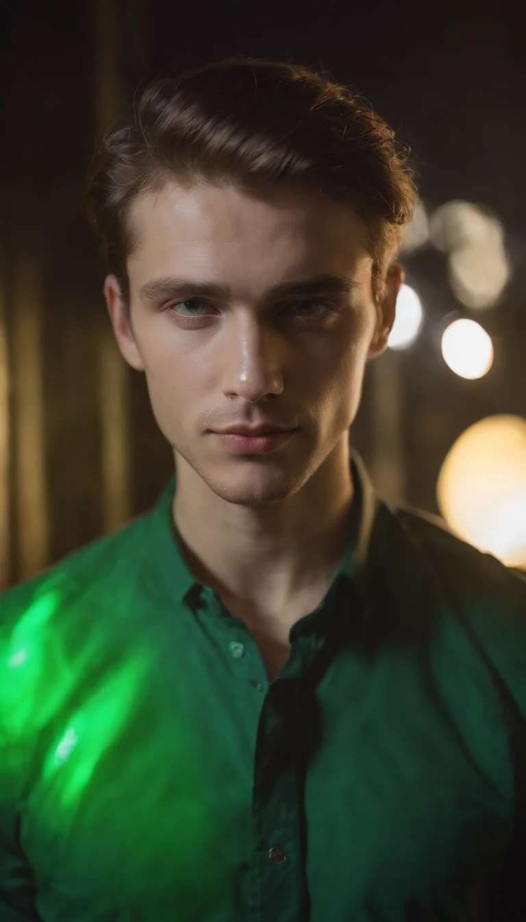 a photo of a man with green lighting to create the effect for my photo, in the style of neon realism, jagged edges, delicate chromatics, young british artists (ybas), uhd image, caravaggesque, shiny eyes