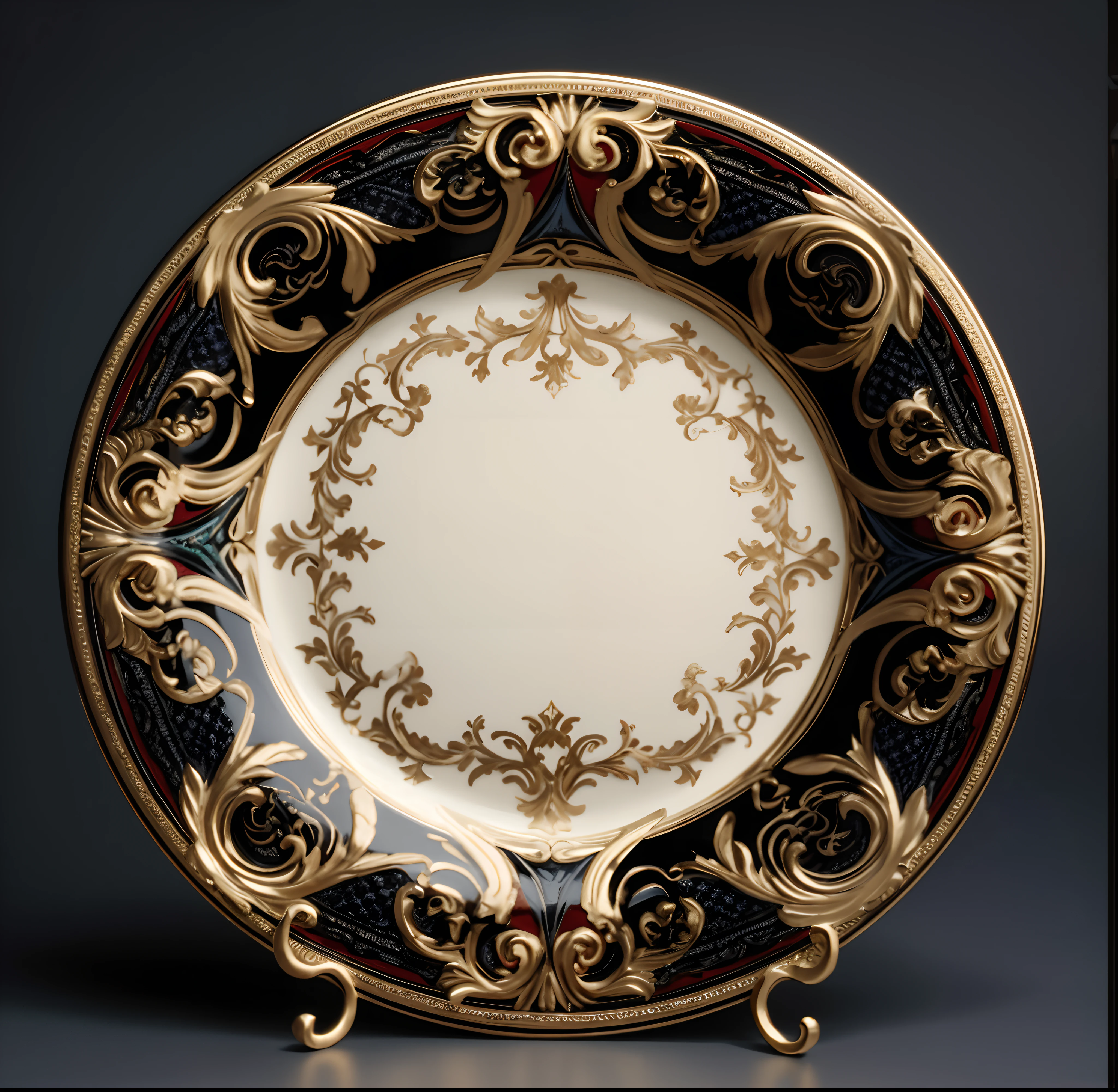 Close-up of plate with gold and green border, inlaid with gold rococo, elegant baroque, elegant and ornate, Baroque and Rococo ornaments, ornate with gold trimmings, ornate and elegant, Baroque art style, The masterpiece is intricate and elegant, elegant. Highly detailed, plate, , Rococo Baroque, Baroque details, circular plan, Middle Eastern elements, Ramadan style, flower paper discoloration