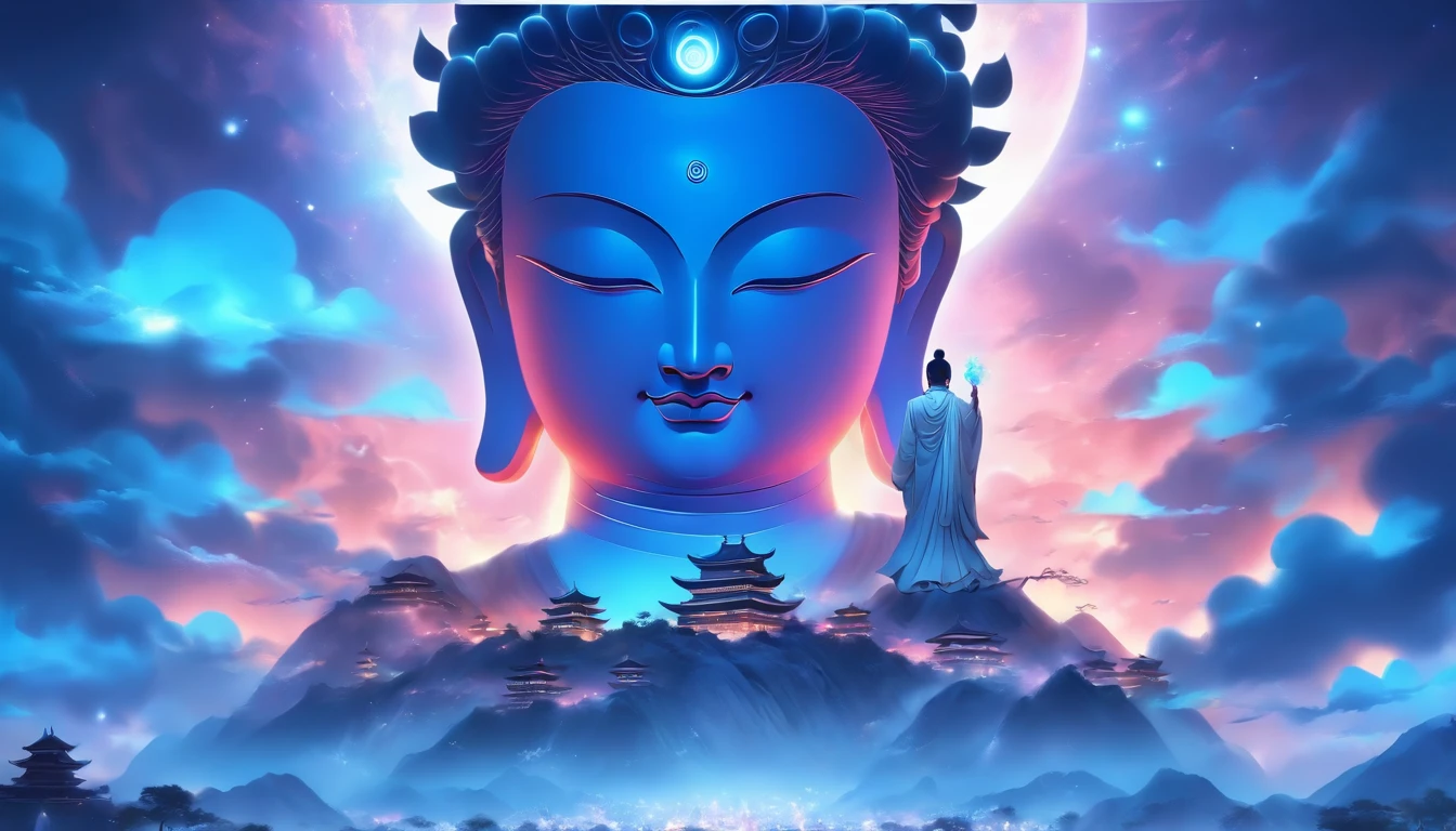 China-style，From space, The huge Maitreya Buddha statue stands in space，Gaze at the earth，Standing Buddha statue，with light glowing，Glow effects，Pilgrims on the road，Hyper-realistic，Ultra photo realsisim，Real Photographics，8K，High definition，high qulity，Works of masters，super-fine，Chinese black and white ink style，（（（white colors））），Decolorization，Smudge，ink，8K，super-fine，high qulity，（（（OC renderer）））