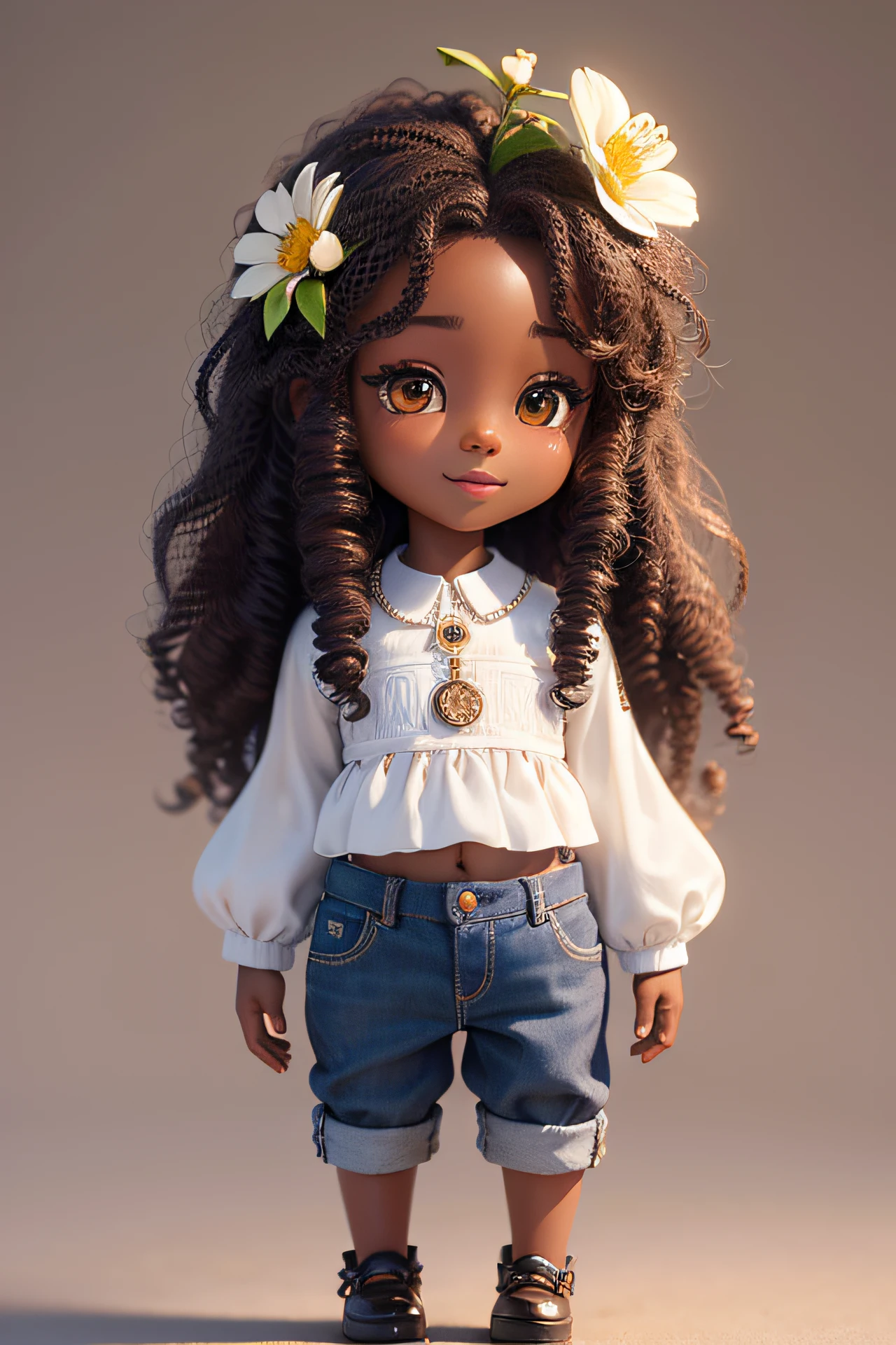 chibi 1 small African boy dark brown skin:5, cute smile, walking in the field ((full body))) "((with coffee))" realistic shadows, sparkling eyes, detailed skin, slightly sparkling light green eyes, pose for photo, long curly brown hair, flowers in hair, rapunzel style, very detailed, highly detailed 8k face, perfect face shape, perfect full lips, perfect nose, beautiful and correct eyes, observant, wedding dress: 3.45 , hair flowers, masterpiece, best quality, single, jeans, alone, advanced chibi