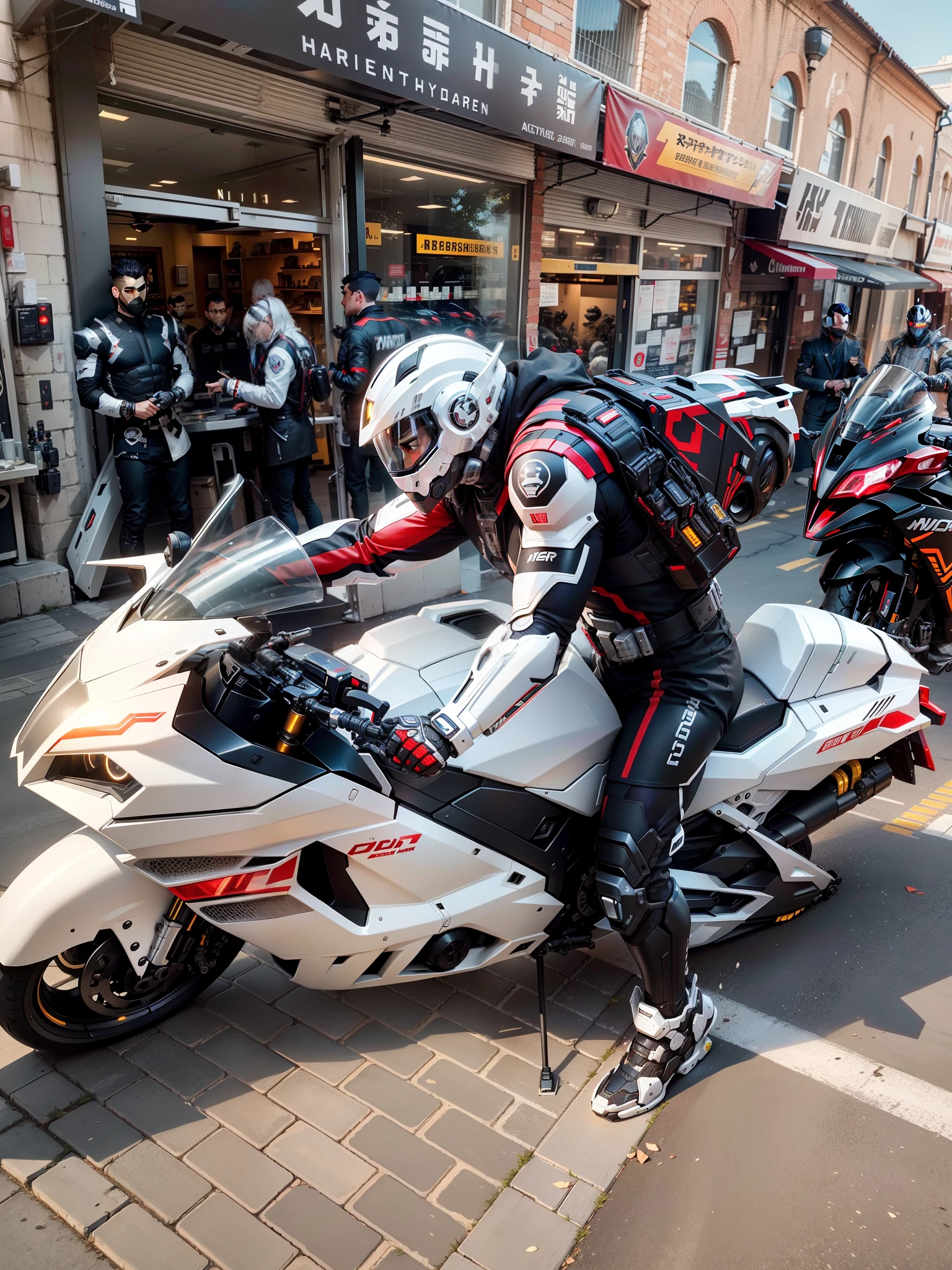 Handsome cyber handsome warrior with black mech，Black Cyber mechanical motorcycle，High-tech black full enveloping helmet，with short white hair，Nousr， Biomechanicals， MSHN Robot Man，High-tech helmet，hyper realisitc， Steel， Complex design， insanely details， finely detailled， Extremely clear lines， cinmatic lighting， photograph realistic， A detailed masterpiece