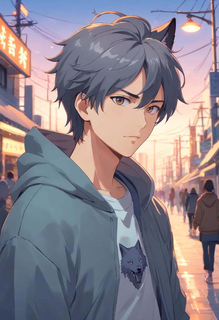 A man with dark gray metallic wolf-shaped hair , With gray eyes , wearing sweatshirt
