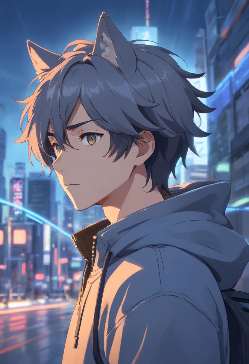 A man with dark gray metallic wolf-shaped hair , With gray eyes , wearing sweatshirt