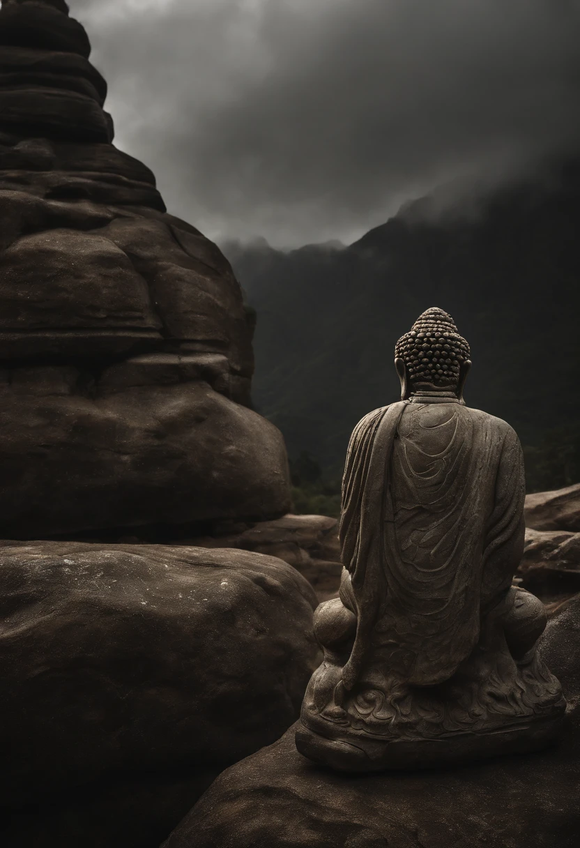 (Best quality, A high resolution, Ultra-detailed), surrealism, Realistic texture, Carved Buddha statues on cliff faces, had his hands folded。Harmonious integration with nature, Cinematic lighting, lifelike skin, depth and dimensionality, Divine aura, tranquil ambiance
