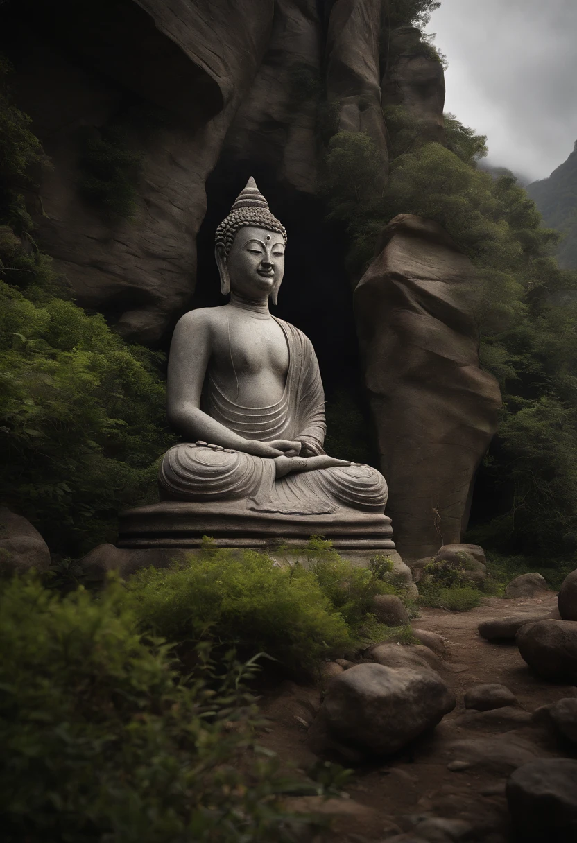 (Best quality, A high resolution, Ultra-detailed), surrealism, Realistic texture, Carved Buddha statues on cliff faces, had his hands folded。Harmonious integration with nature, Cinematic lighting, lifelike skin, depth and dimensionality, Divine aura, tranquil ambiance