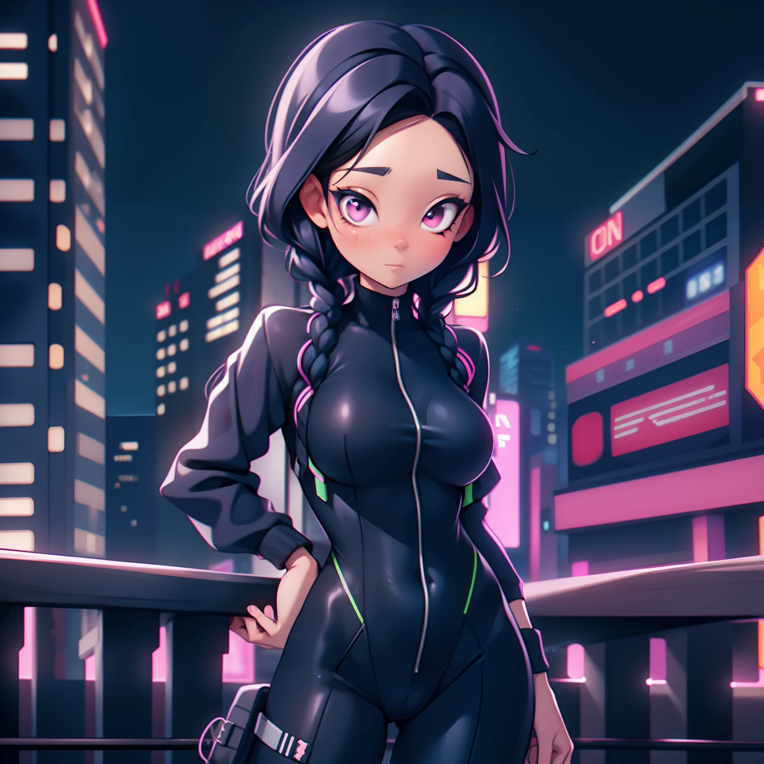 girl, braided black hair, a neon tightsuit, city background