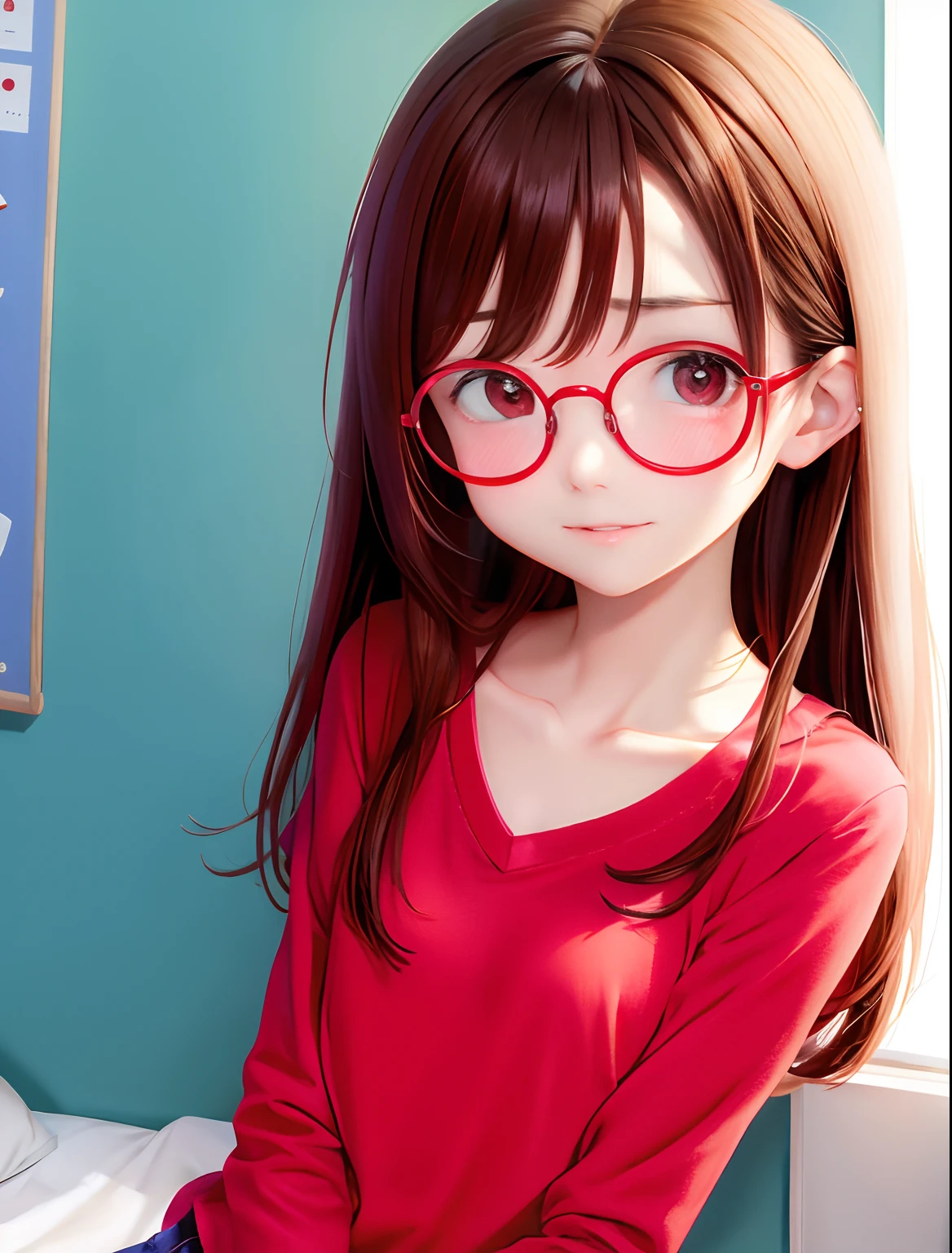 Red glasses、Round Lens、face perfect、hi-school girl、no-bra、salmon pink 、Chest chiller、Her room、Beautiful collarbone、Small breasts、Blushing face、Pursed mouth、half-open eyes、Kneeling、Reach out and behind you、Medium Waist、Panties、
