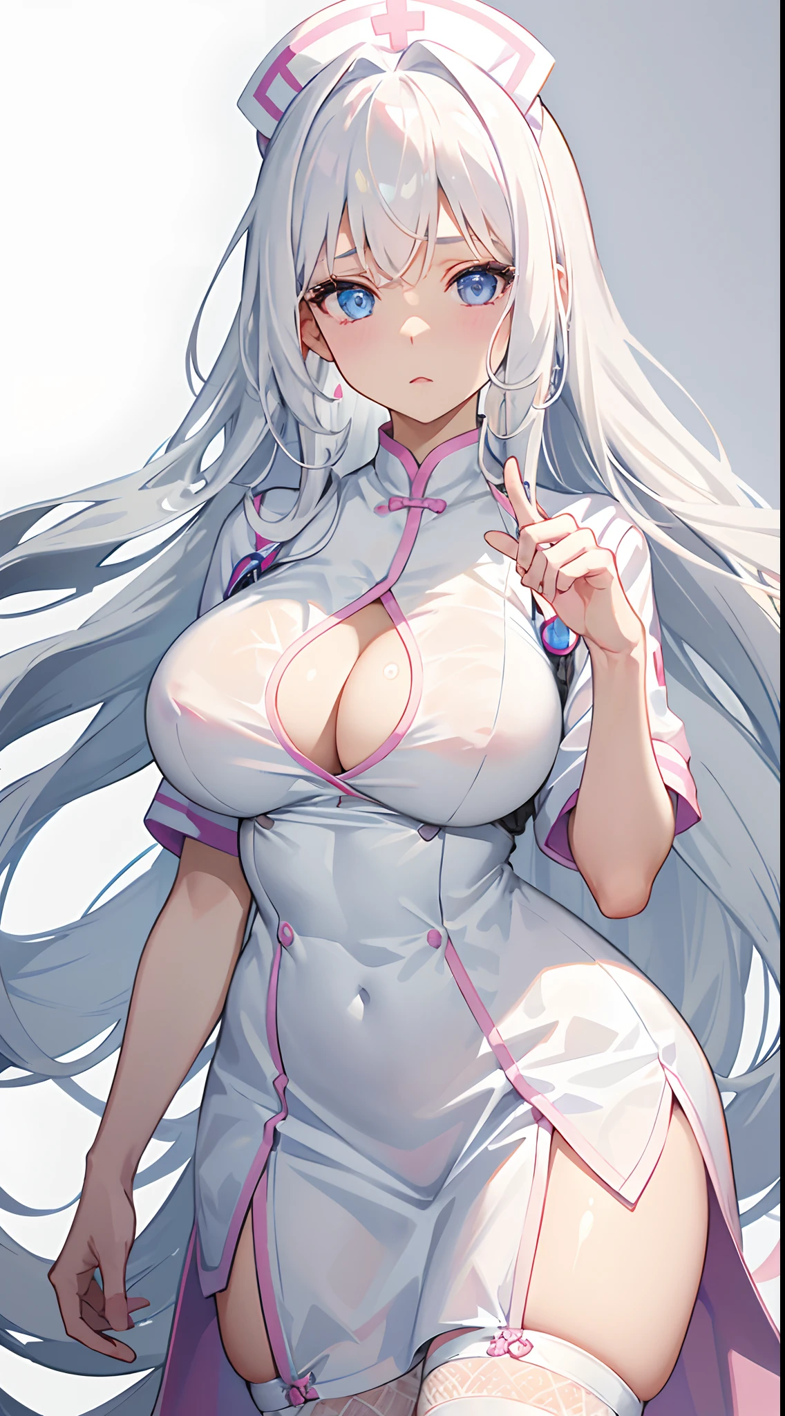 1girl in、White hair、Blue eyes、wall-paper、Super long hair、Curly hair、white backgrounid、symmetry、facing front、Upper body close-up、Close UAMENTED、爆乳、big areolae、Nurse、((pink nurse clothes))、see -through、fishnet tights、