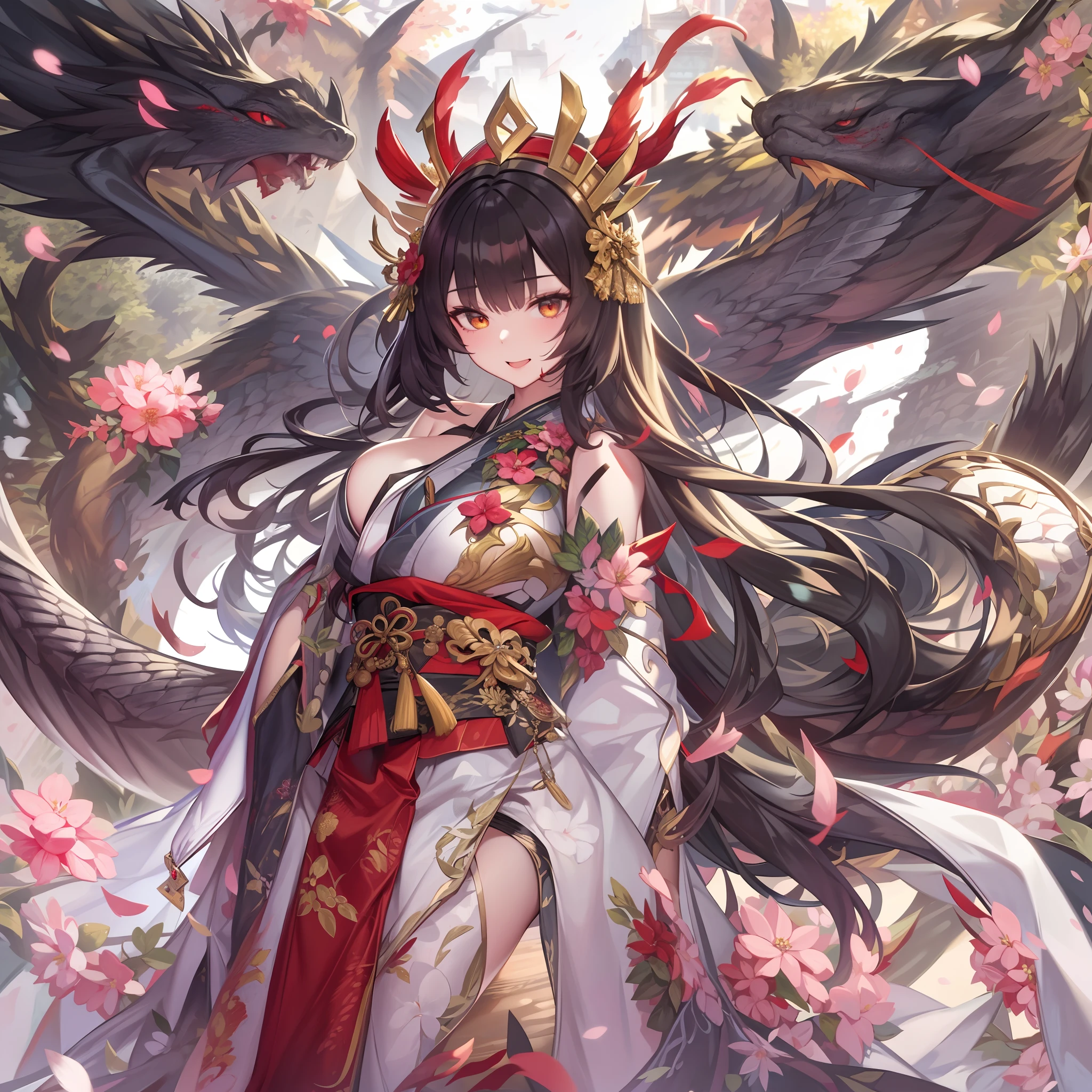 1girl in、nightcity、Sateen、Kimono without sleeves、A dark-haired、Holding a weapon with blood on it、Looking at the camera、Cherry blossoms are dancing，Unusually resistant、red blush、Looks distressed、Pleasant face、shrine maiden、valkyrie、Angel wings、a navel、sideboob barbosa、with an intricate、Particles of light、thighs thighs thighs thighs、shinny skin、Perfect litthing、1girl in、looking at the viewers、Winged headgear、pelvis curtain、A smile、(​masterpiece)、(top-quality)、Very gigantic-breasts、maternal、Porcelain Skin、Very long hair、hair wavy、Royal sister，femele，A queen，putting on a crown，There are a lot of golden lightning around，sitting in a throne，Bangs cover the eyes，Black Suspender Socks，Black Lace Top，，High jump，Grab Erlang's leg，，Black Silk Top，married woman，mothers，domineering，smil，The corners of the mouth are raised，Red and gold eyes，Black silk erotic underwear，Black top，Black Silk Gloves，I have a gorse tattoo on my chest and thigh，There are many golden dragon scales on the arms，There are many golden dragon scales on the neck，Bright eye，dragon eyes，Snake's Eye，Upright pupils，There are golden stripes on the clothes，There is a golden pattern on the clothes，The socks have a golden pattern，tall figure，Expose the outside of the chest，Twisted blade hanging over the shoulder，Larger breasts ，With elongated dragon horns，Giant Golden Dragon Wings，Giant Golden Dragon Wings，Huge golden dragon wings as big as a body，The body is covered with huge golden dragon wings，golden pupils，Just a pair of wings，large wings，The biggest dragon wings,The biggest dragon wings，There are golden scales on the neck，Fingers are golden dragon claws，The elongated tail of the golden dragon、1girl in、nightcity、Sateen、Kimono without sleeves、A dark-haired、Holding a weapon with blood on it、Looking at the camera、Cherry blossoms are dancing，Strong best quality, (Extremely detailed: 1.5), masutepiece, 超A high resolution,(photographrealistic:1.4), 1 beautiful girl, Cowboy Shot, (Wear battle armor:1.4), (Wear battle ar