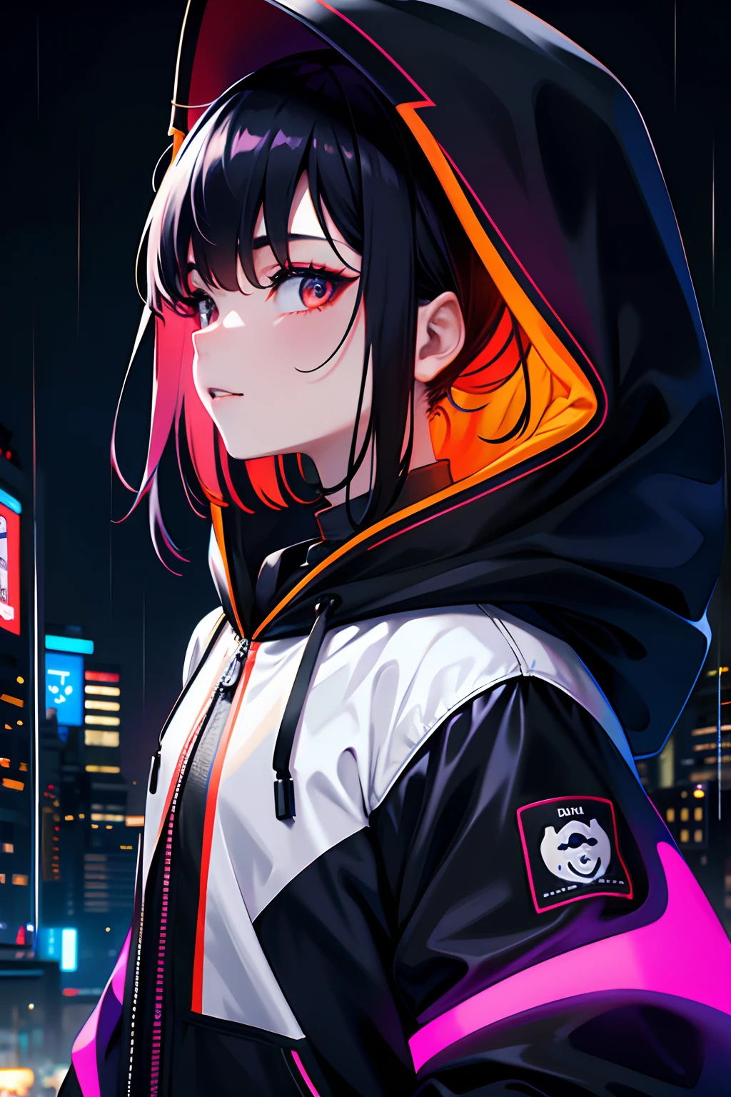 ember、a handsome、 Bust Photo, de pele branca、The body is turned to the side、parka、Wearing a hood、Bad smile, relatively white skin, Black hair, Mashed Hair、 Background is a neon city on a rainy night、Wet from rain、Highest Quality、Fashionable、