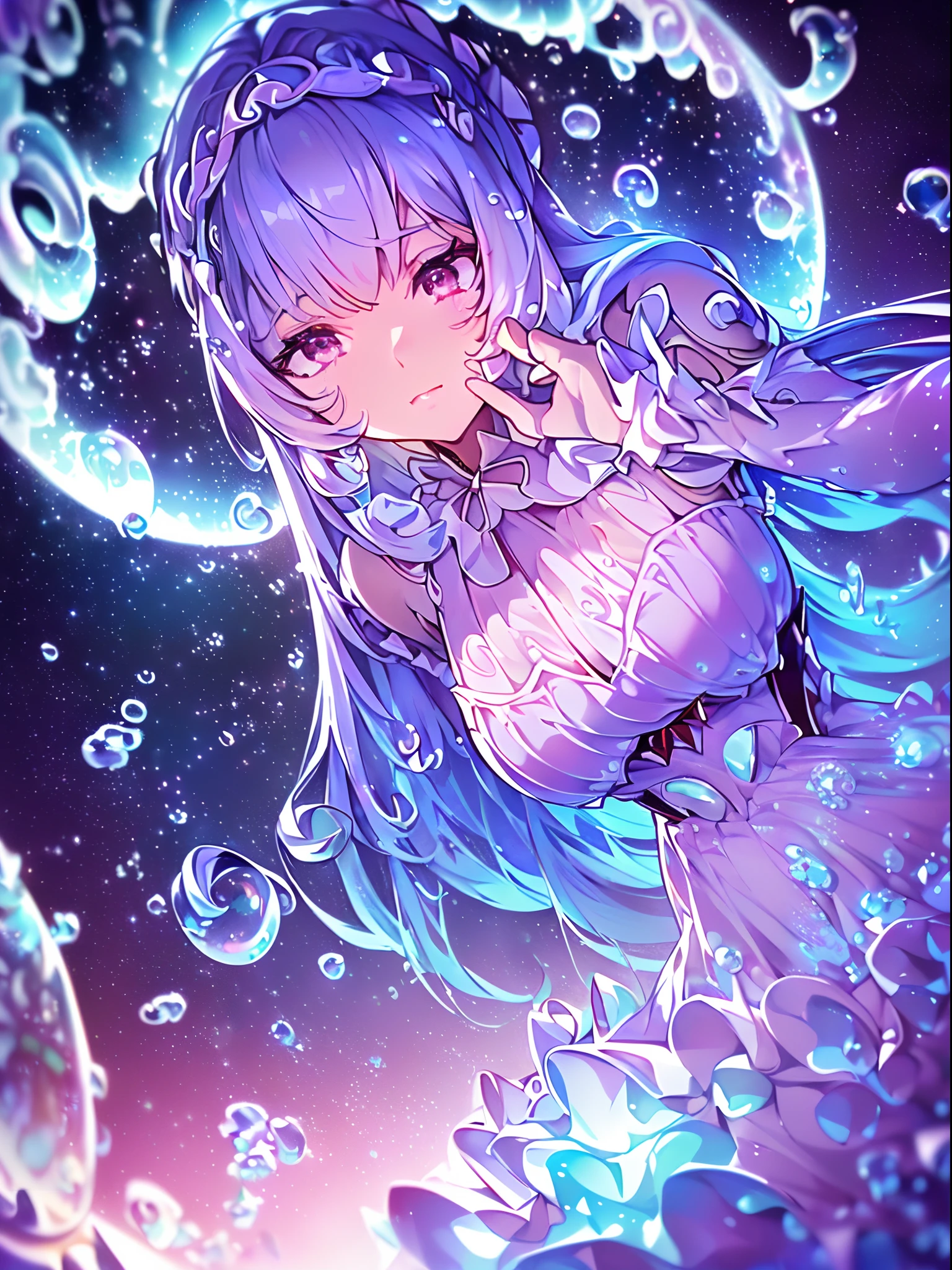 (((ayanami rei))),((((BREAK,Design an image with a fisheye lens effect, capturing a wide field of view with a distinctive, curved perspective.BREAK,)))((1girl:1.1,solo,))(masterpiece,best quality, official art,aim to viewers, beautiful and aesthetic:1.3),((ultra high res,golden ratio,)) (4k),((seen from above,dawn,rainbow bridge,in the ocean,raindrops, dreamland,beautiful sky,detailed aurora)),((((spiral bubbles,))))dynamic lighting, cinematic lighting,(fantasy,blur image,((psychedelic)),((dreamy)),photo mapping,((holographic projection,))radiosity, physically-based rendering,automatic white balance), technological sense,Amazing,sharp focus,detailed background,rich background, (((high detailed skin,)))dynamic lighting,intricate detailed outfit,glowing eyes,watery eyes,((long hair,))deadpan,skiny,slender,smooth beast,white ta dress,headgear,(masterpiece sidelighting),(bishoujo,lustrous),(sky blue hair,pink eyes,）[[delicate fingers and hands:0.55]::0.85],(detail fingers),(((Ultra Photographic Quality,ultra wide angles)))),((incredibly absurdres,photoreality)),(realilty:0.4),((microshot,))(close up,)((extremely_detailed_eyes_and_face)),(disheveled hair),FilmGirl,(dynamic configuration: 1.2),Brilliant,drifting Nebula,ethereal, glossy ,striking contrast,