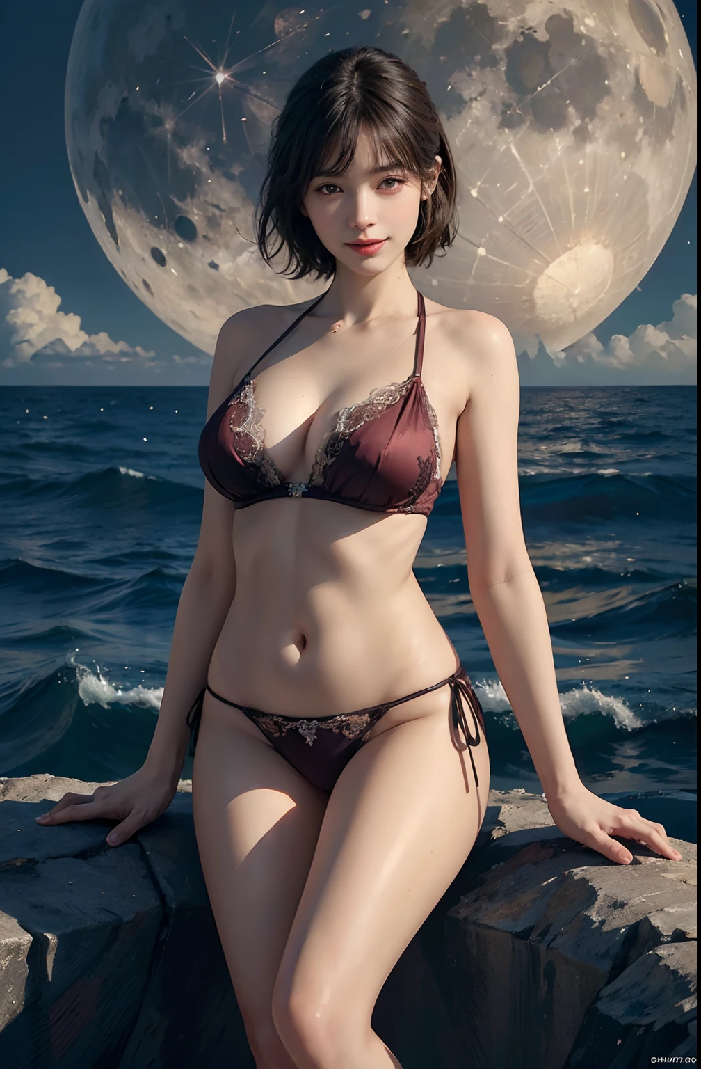 (A hyper-realistic), (illustratio), (hight resolution), (8K), (ighly detailed), (The best illustrations), (beatiful detailed eyes), (top-quality), (ultra-detailliert), (masterpiece), (detailed face), droopy eyes,full of sweat, full body, long legs,short-hair,inner colored,solo,Girl in brown underwear, Colossal tits, smile, ocean, moon