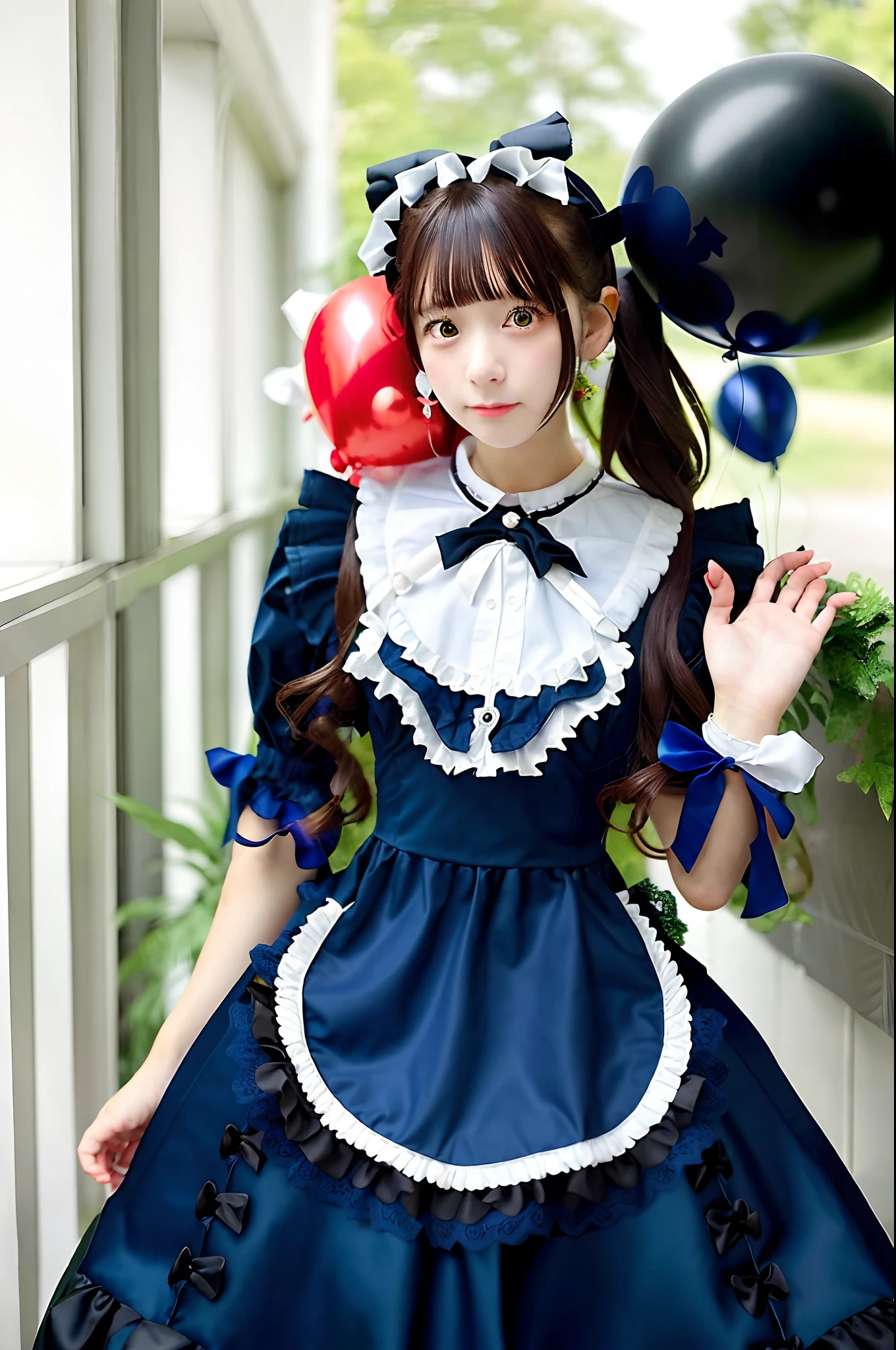 1 ,twin tails,brunette colored hair,Cat，by bangs,blue long lace dress,blue bow,9  female model,Princess,crown,