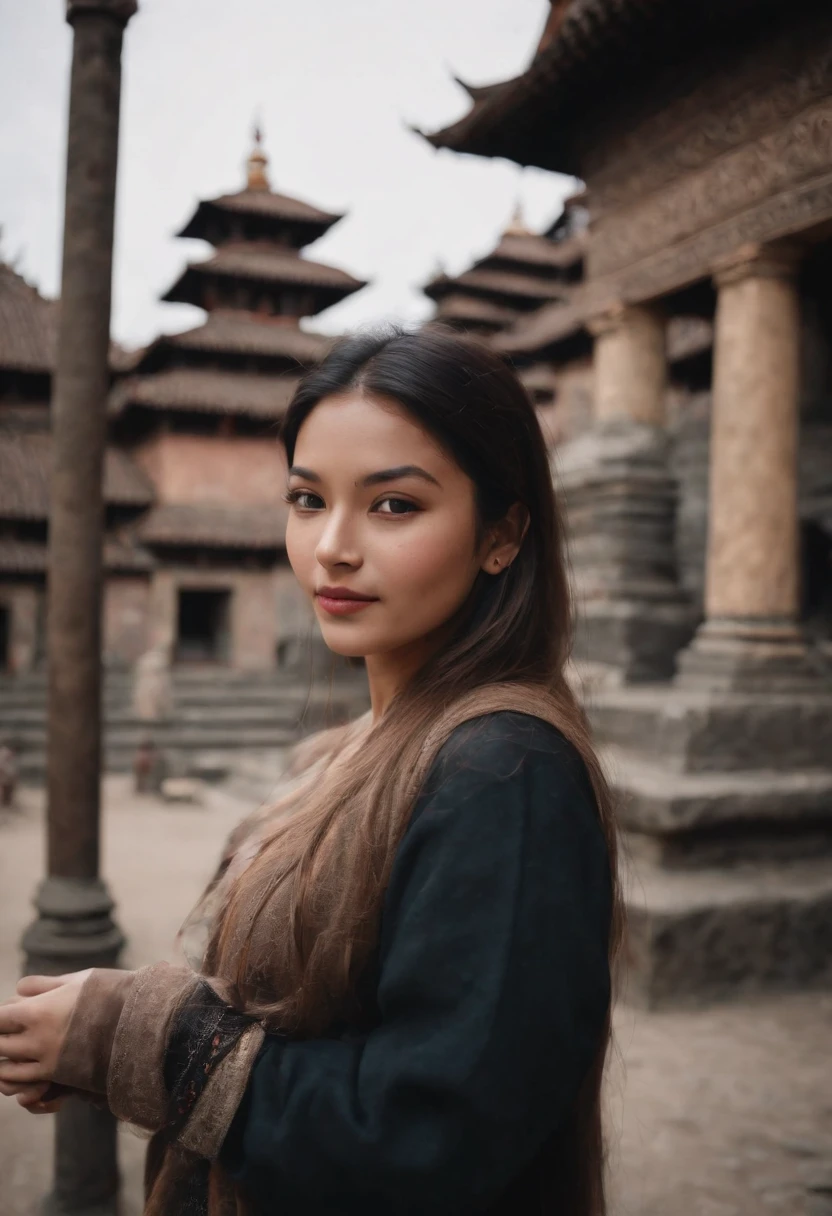 travellers, in the style of rap aesthetics, girl,Nepal,make for a memorable photo. The background is to the ancient temples and palaces of Kathmandu ,photo taken with fujifilm superia, charly amani, oversized portraits, babycore, upper body