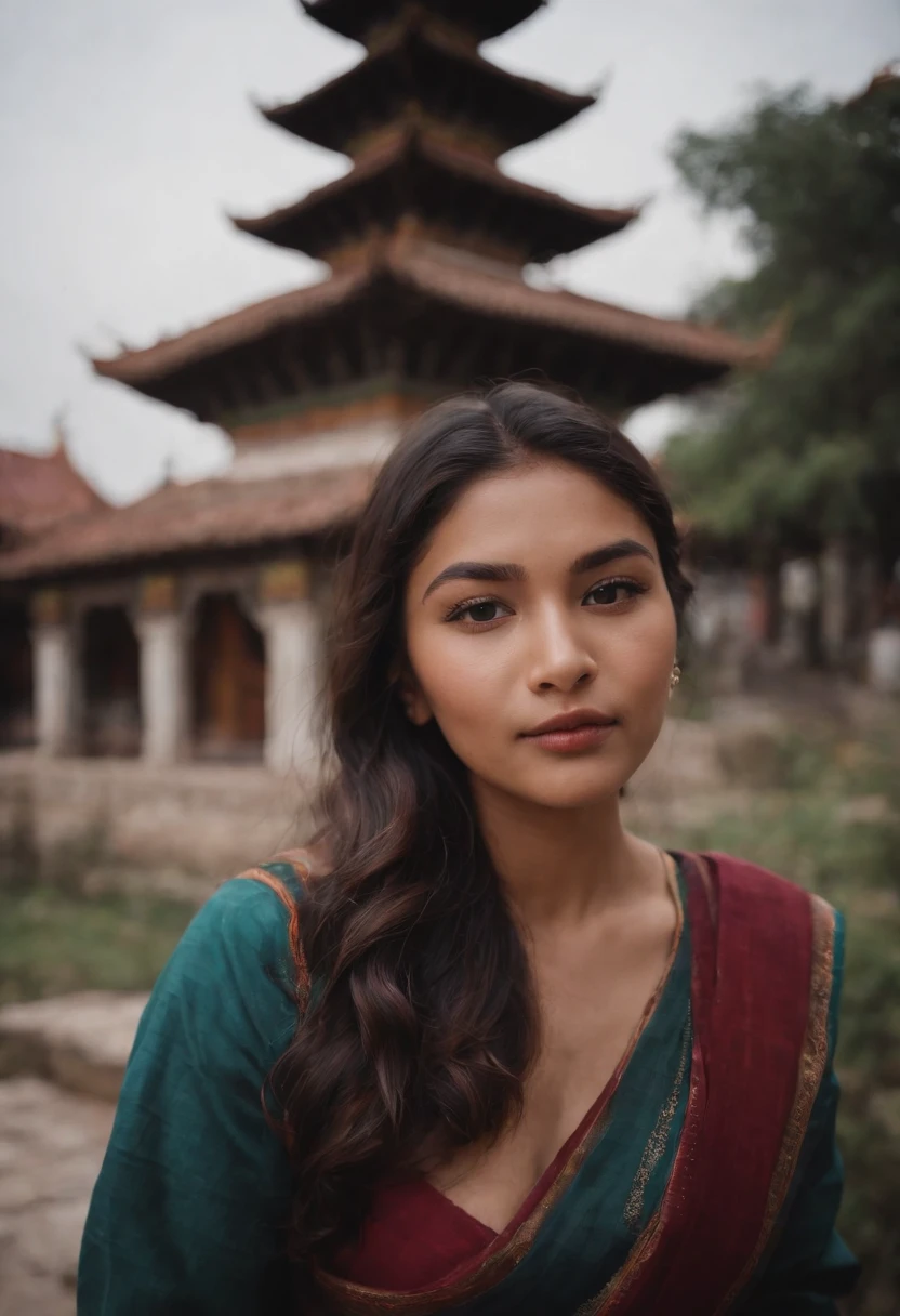 travellers, in the style of rap aesthetics, girl，Nepal，make for a memorable photo.  The background is to the ancient temples and palaces of Kathmandu ，photo taken with fujifilm superia, charly amani, oversized portraits, babycore, upper body