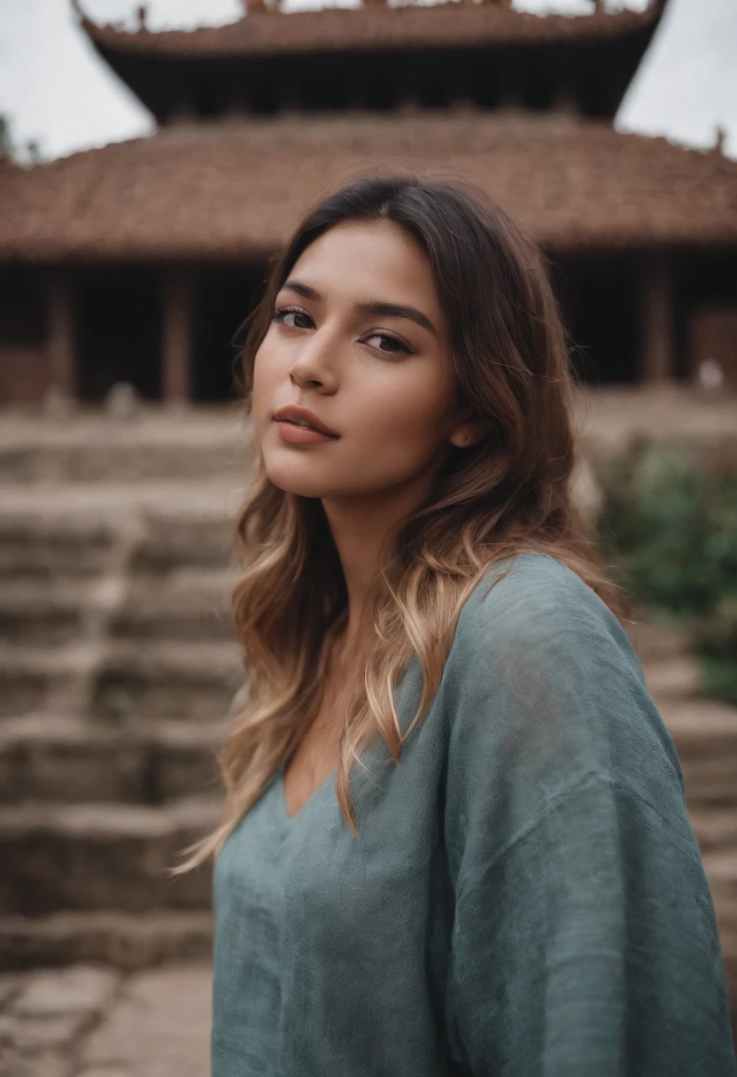 travellers, in the style of rap aesthetics, girl,Nepal,make for a memorable photo. The background is to the ancient temples and palaces of Kathmandu ,photo taken with fujifilm superia, charly amani, oversized portraits, babycore, upper body