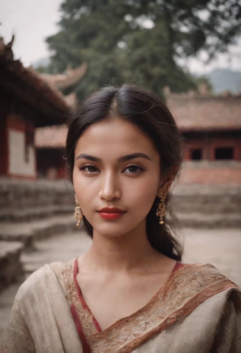 travellers, in the style of rap aesthetics, girl,Nepal,make for a memorable photo. The background is to the ancient temples and palaces of Kathmandu ,photo taken with fujifilm superia, charly amani, oversized portraits, babycore, upper body