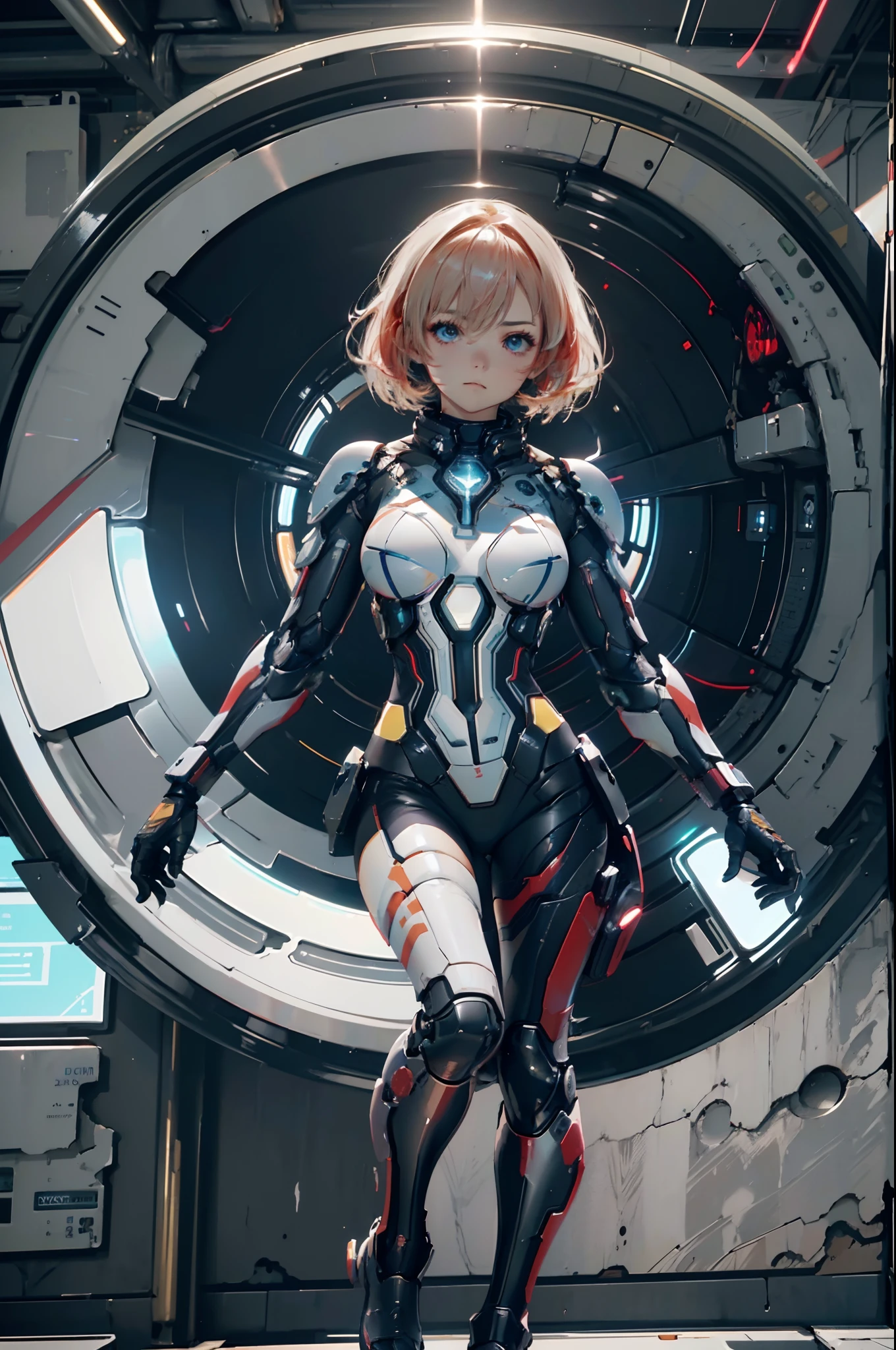 hyper HD, retinas, Anatomically correct, Textured skin, Super detail, Best quality, A high resolution,cyber punk perssonage,High-tech style space,(A cylindrical treatment pod in sci-fi style:1.3),A machine full of technology,(Floating control panel:1.3),Break,(1girl:1.3),solo,full body,(Future Combat Suit:1.3),large and heavy breasts,tight,see-through navel,(asleep;1.3),(Floroting in the sci-fi style cylindrical treatment pod inside:1.4)