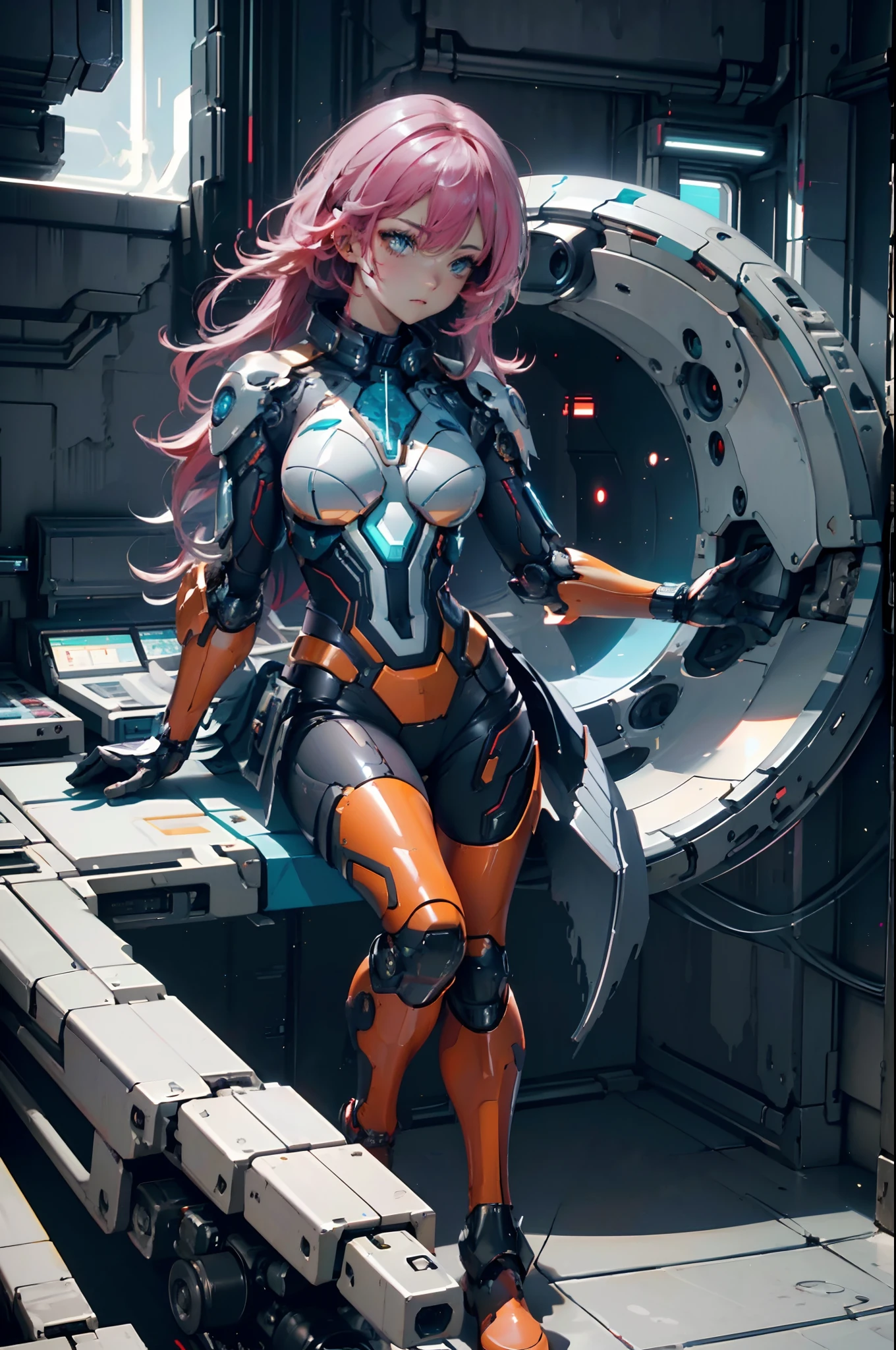 hyper HD, retinas, Anatomically correct, Textured skin, Super detail, Best quality, A high resolution,cyber punk perssonage,High-tech style space,(A cylindrical treatment pod in sci-fi style:1.3),A machine full of technology,(Floating control panel:1.3),Break,(1girl:1.3),solo,full body,(Future Combat Suit:1.3),large and heavy breasts,tight,see-through navel,(asleep;1.3),(Floroting in the sci-fi style cylindrical treatment pod inside:1.4)