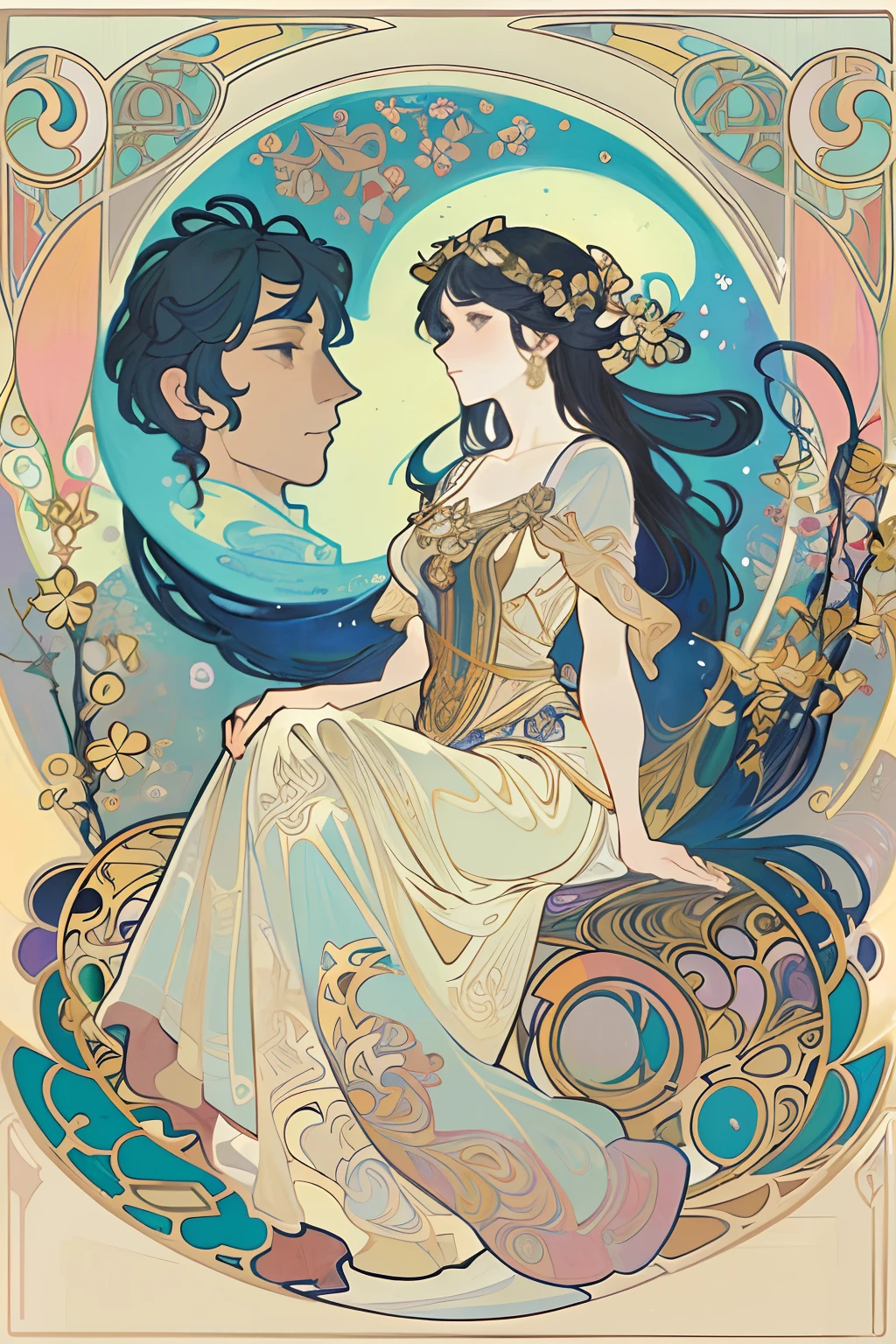 a painting of a woman sitting on a moon with a man in the background, mucha style 4k, alphonse mucha style, raphaelite and alphonse mucha, art alphonse mucha and loish, alphons mucha, artem demura alphonse mucha, demura and alphonse mucha, alsphonse mucha