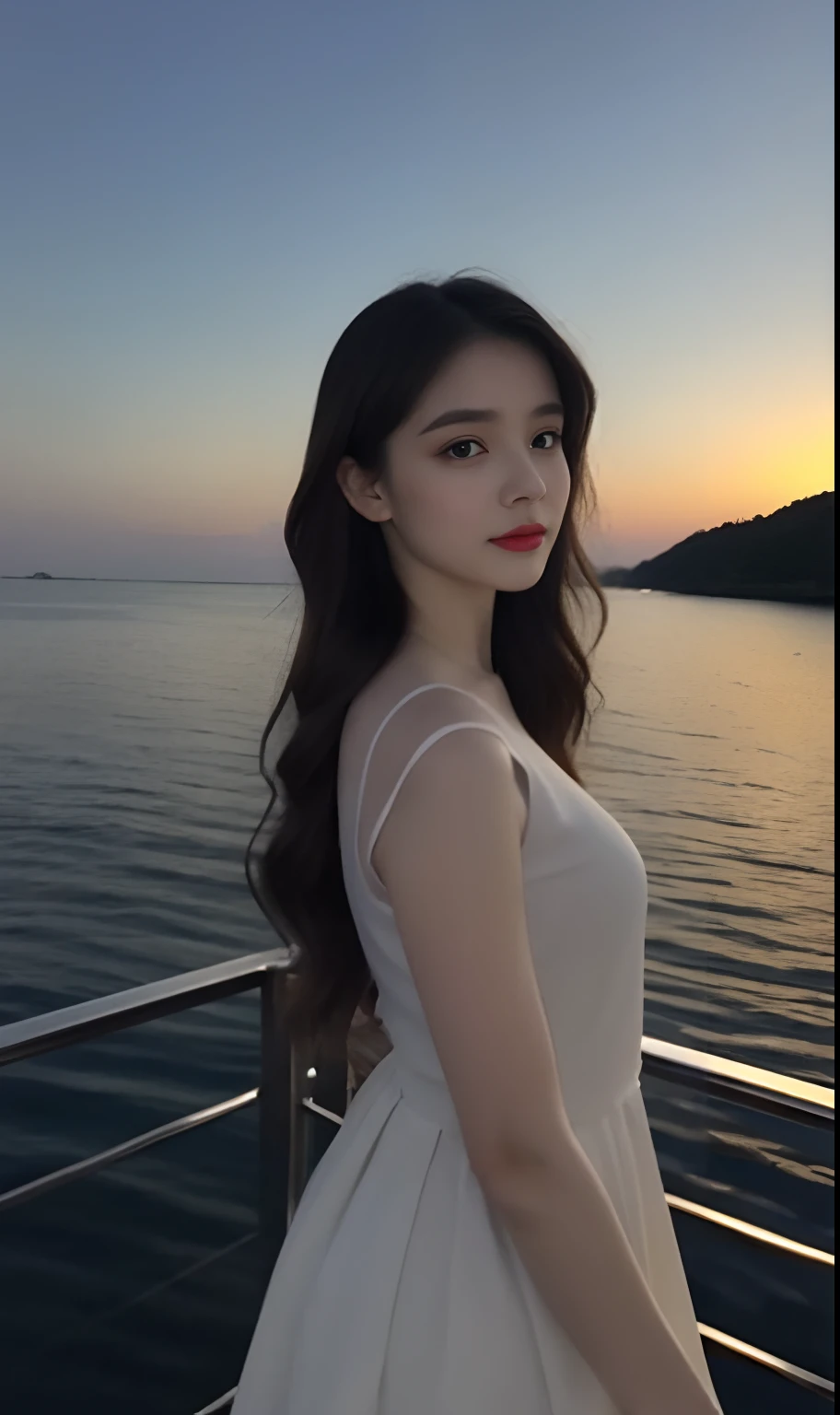 (Original photo of 8K,best qualtiy,tmasterpiece:1.2),(Medium view),the night,Night on a yacht,Sea and night view in the background,best qualtiy,tmasterpiece,(Small mouth:1.2),short- sleeved,short- sleeved,short- sleeved,short- sleeved,an extremely delicate and beautiful one,,astounding,finely detailled,tmasterpiece,Best quality at best,(age 22:1.2),Narrow waist,Slim,is shy,Pure,adolable,Bushy hair,Soft hair,big breasts beautiful,A detailed eye,(long whitr hair:1.2)